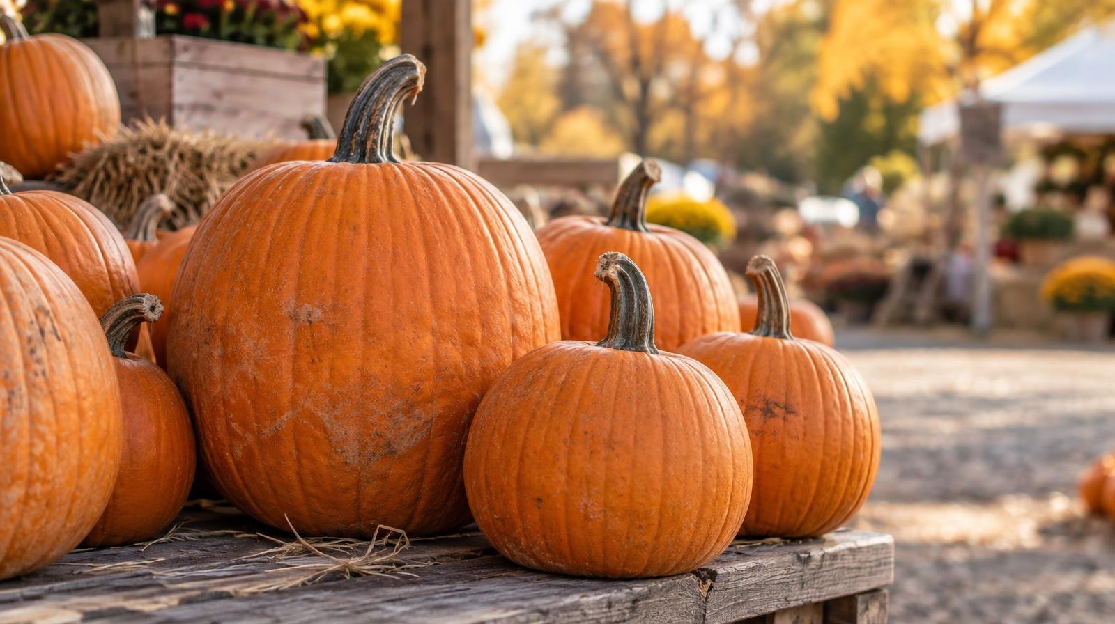 Cluster of orange pumpkins of various sizes on a rustic wooden surface outdoors.