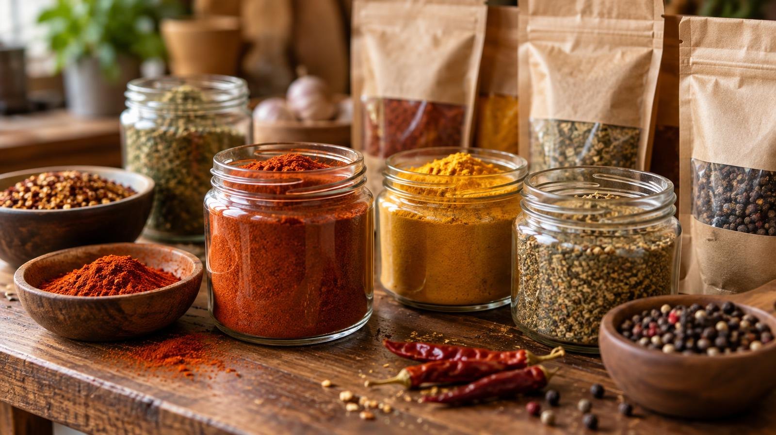 Colorful spices in open glass jars and paper pouches on a wooden surface.