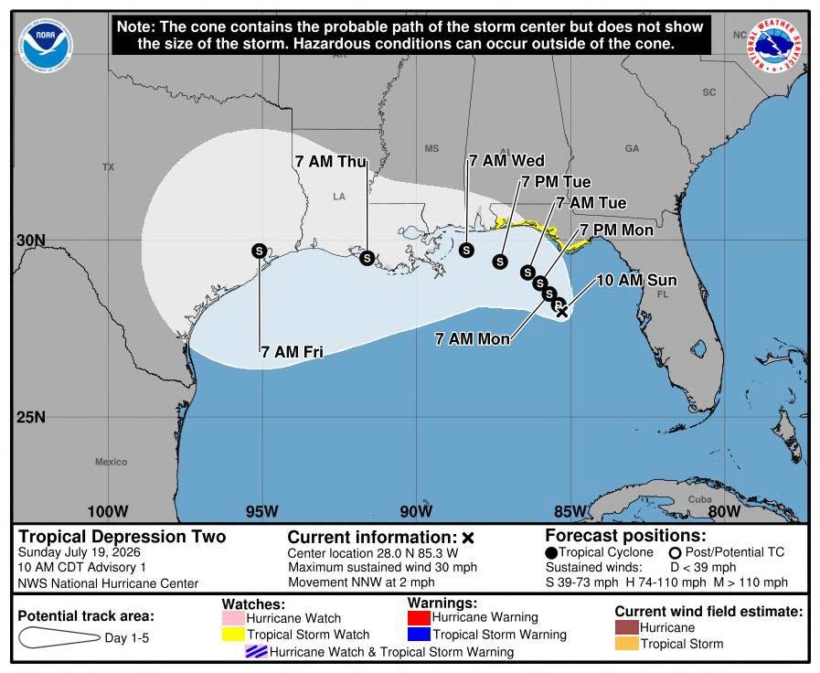 NHC forecast cone map showing a tropical depression tracking toward the northern Gulf Coast.