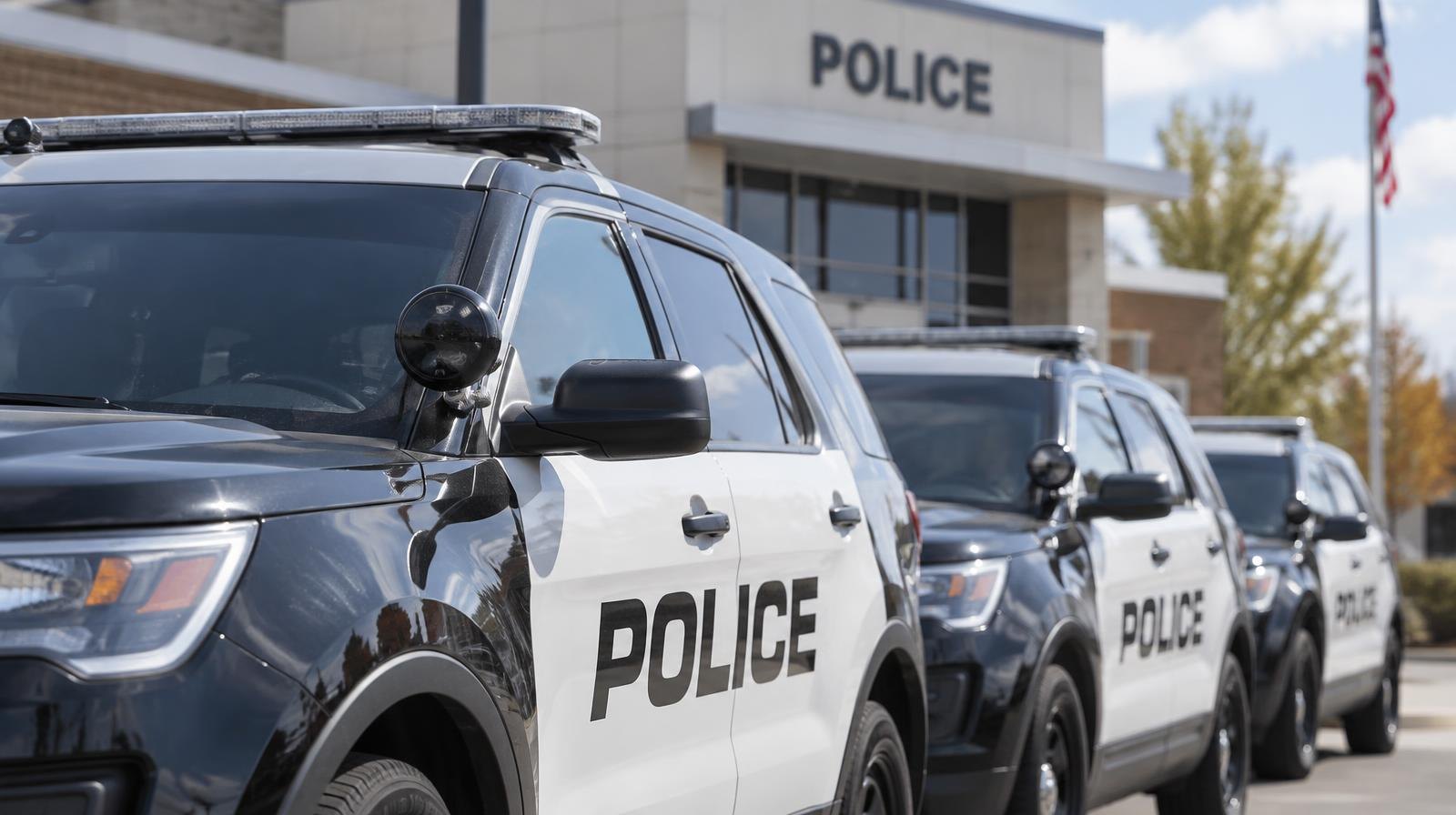 A row of police patrol cars parked outside a municipal station.