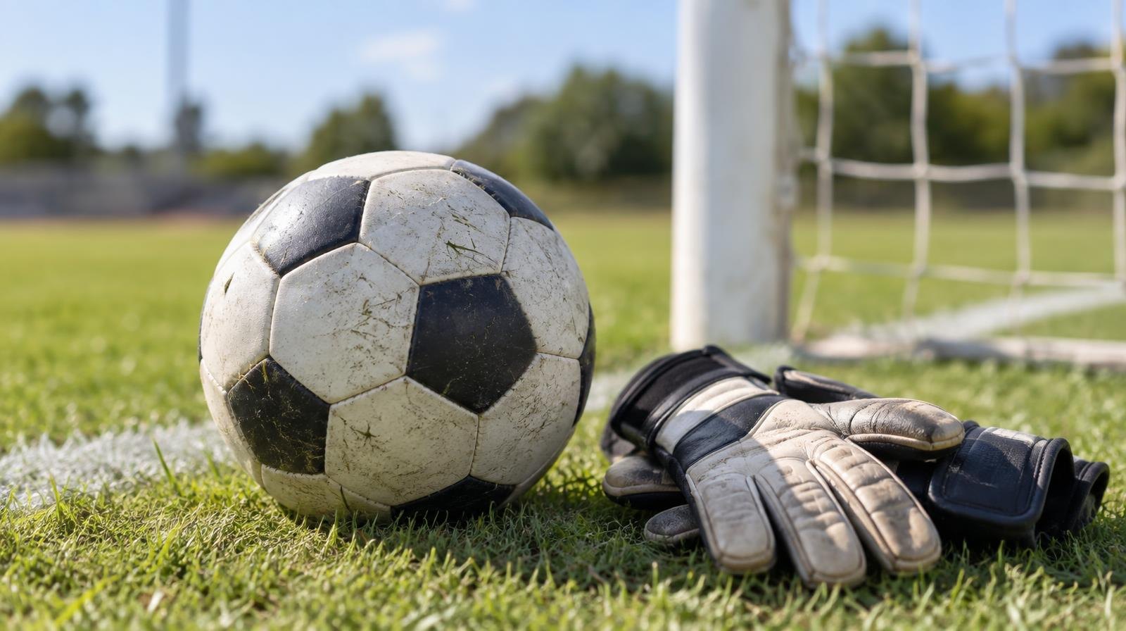 A soccer ball and goalkeeper gloves resting on a green grass field in bright sunlight.