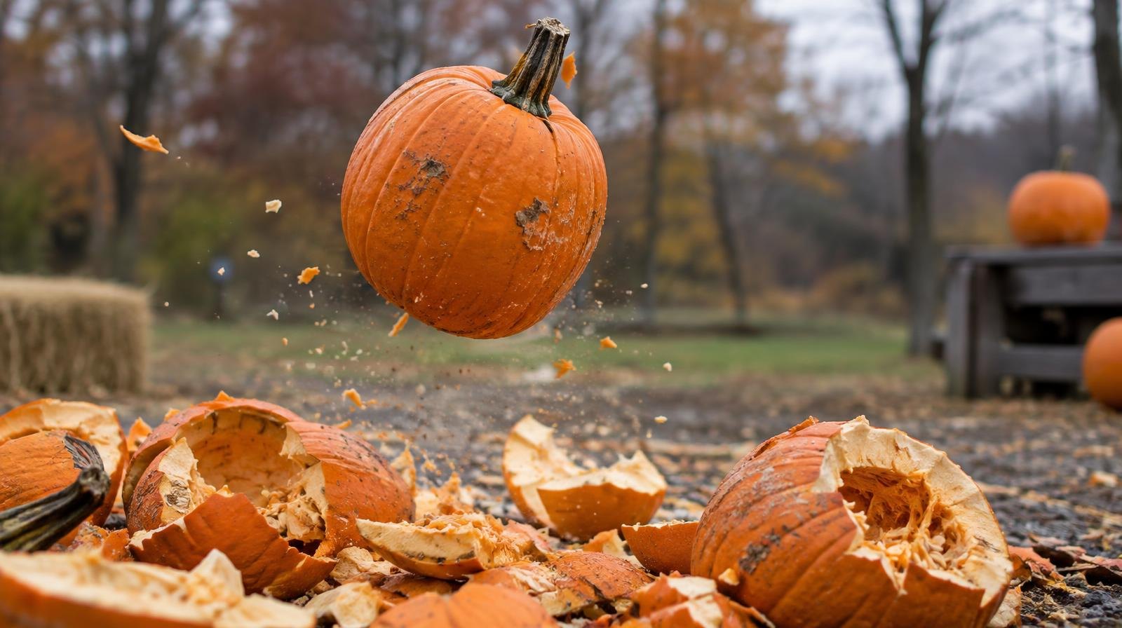 Bright orange pumpkin falling mid-air above a pile of smashed pumpkins outdoors.