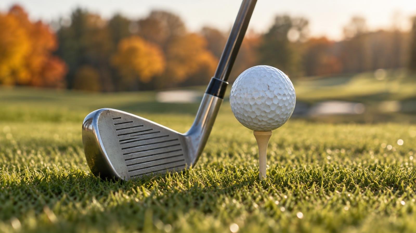 A golf ball on a tee next to a golf club on a trimmed fairway in morning light.