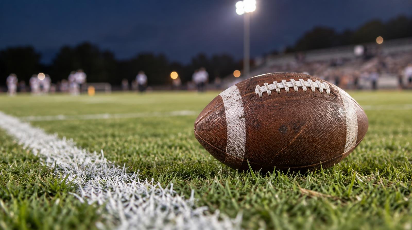 An American football resting on green grass beside a white painted yard line.