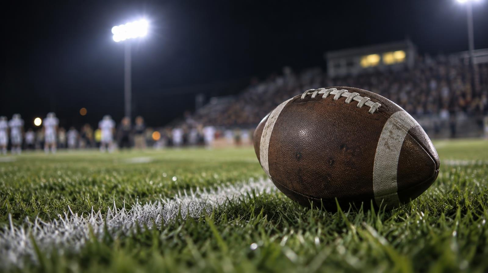 An American football resting on green grass beside a white painted yard line under bright stadium lights.