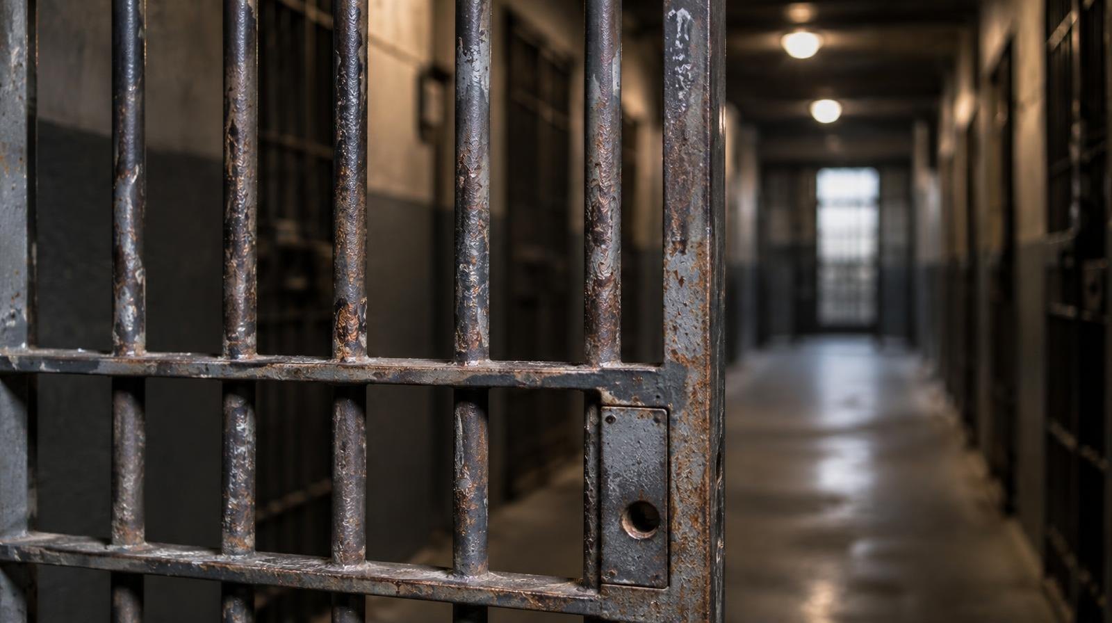 Rusted iron prison cell bars with a dim corridor visible beyond.