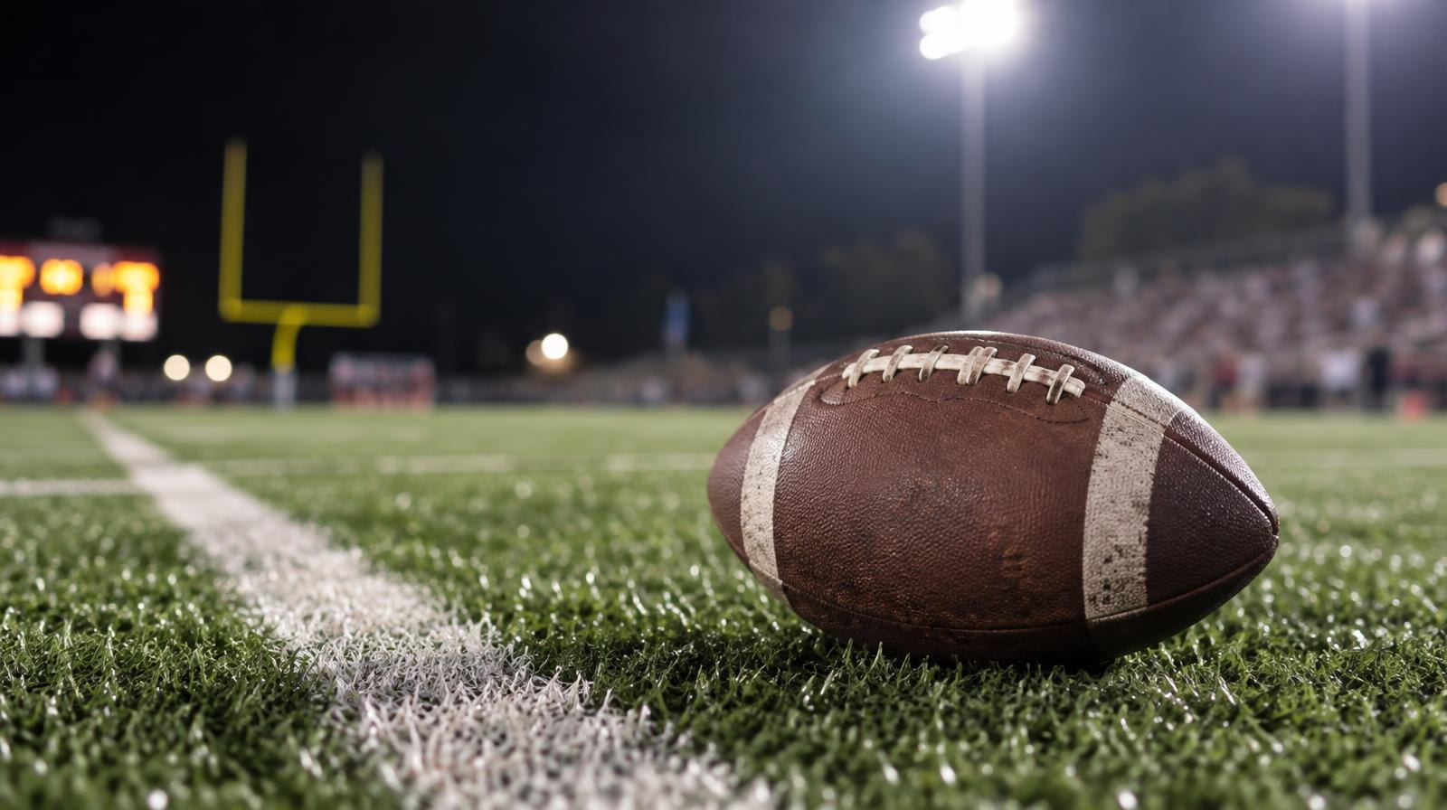 An American football on green turf beside a white yard line under bright overhead lights.