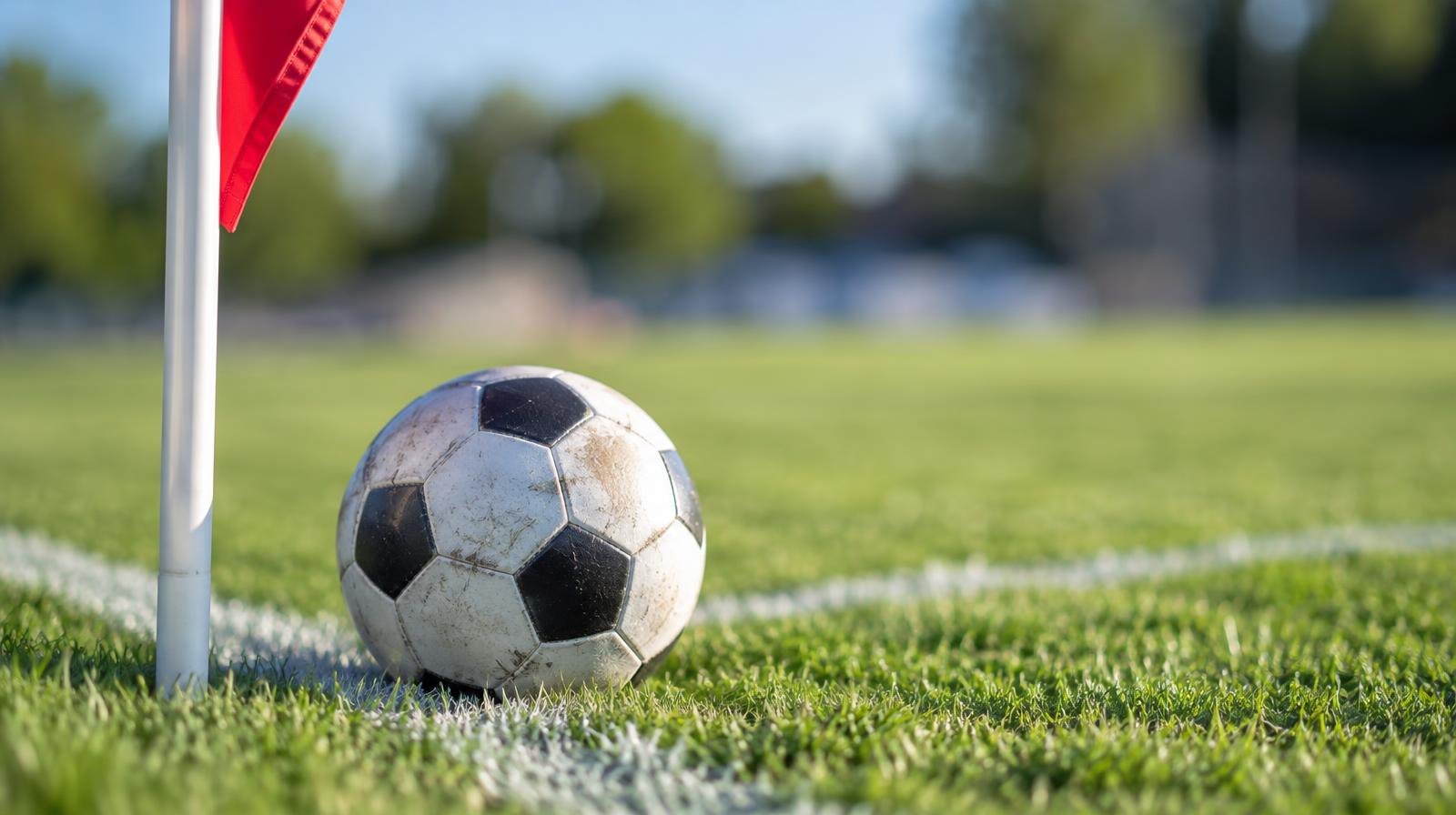 A soccer ball on green grass beside a corner flag on a sunny day.