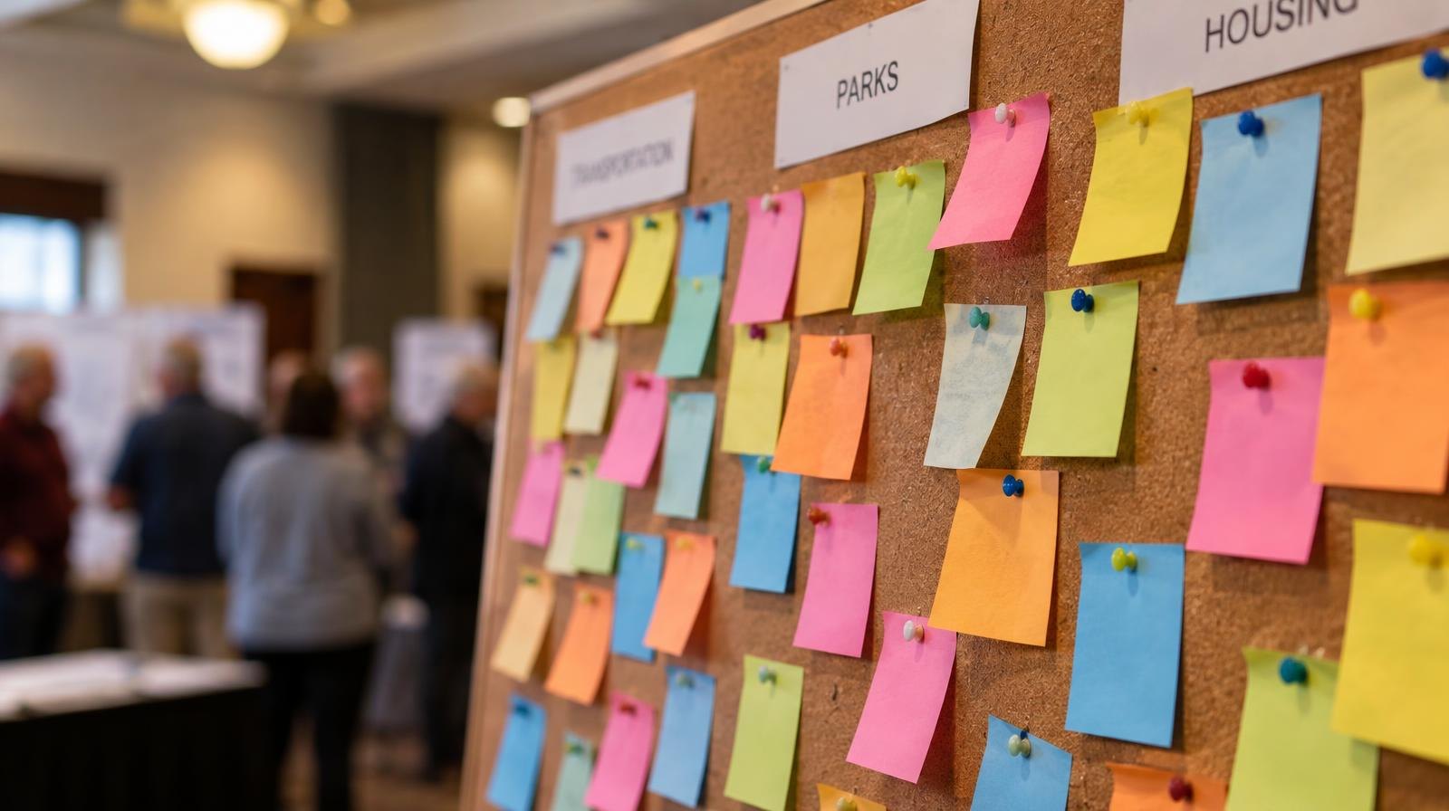 A corkboard densely covered with clusters of colorful sticky notes.