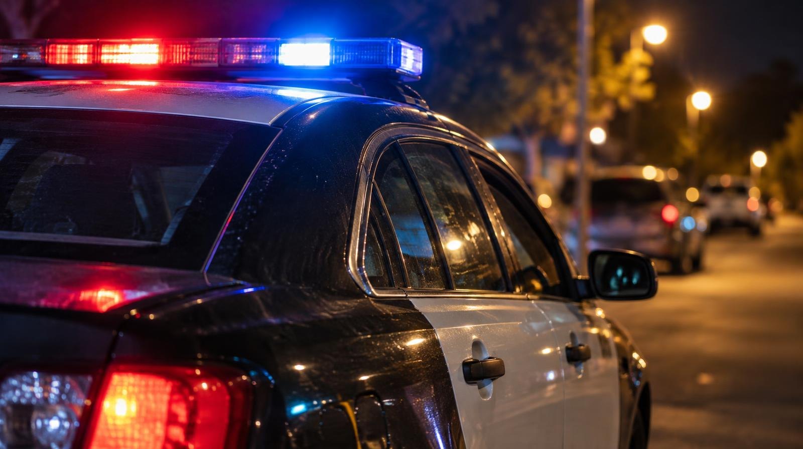 Police patrol car with emergency light bar parked on a dark suburban street.