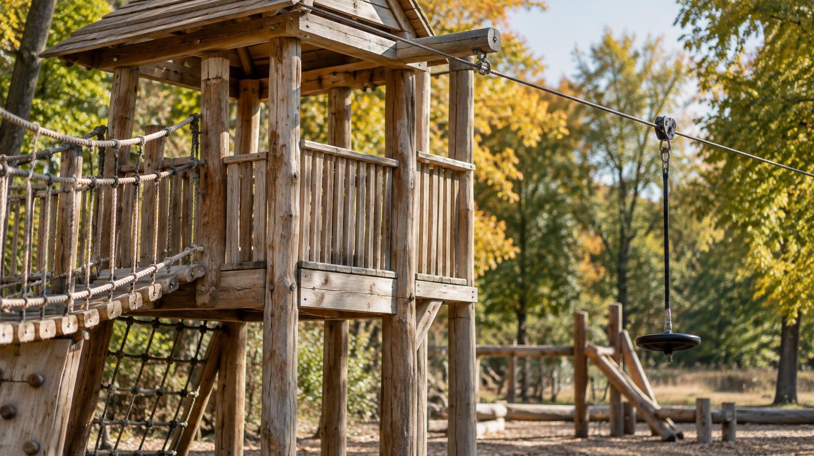 Wooden log treehouse playground with rope bridges and a zip line in a park.