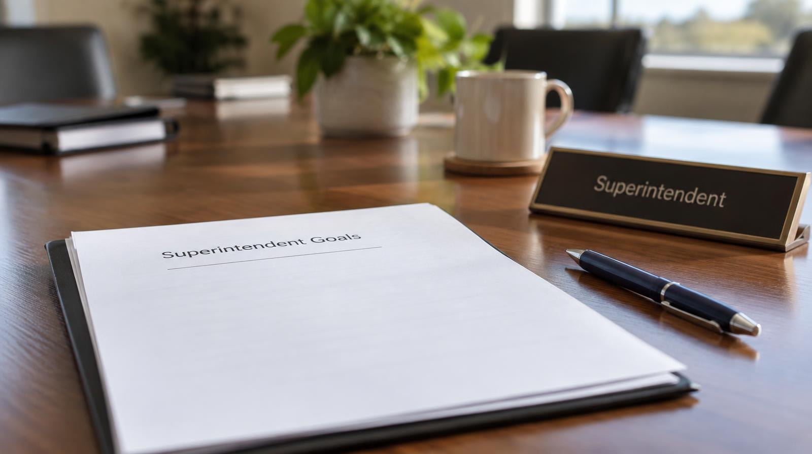A pen and small nameplate beside a document on a wooden conference table.