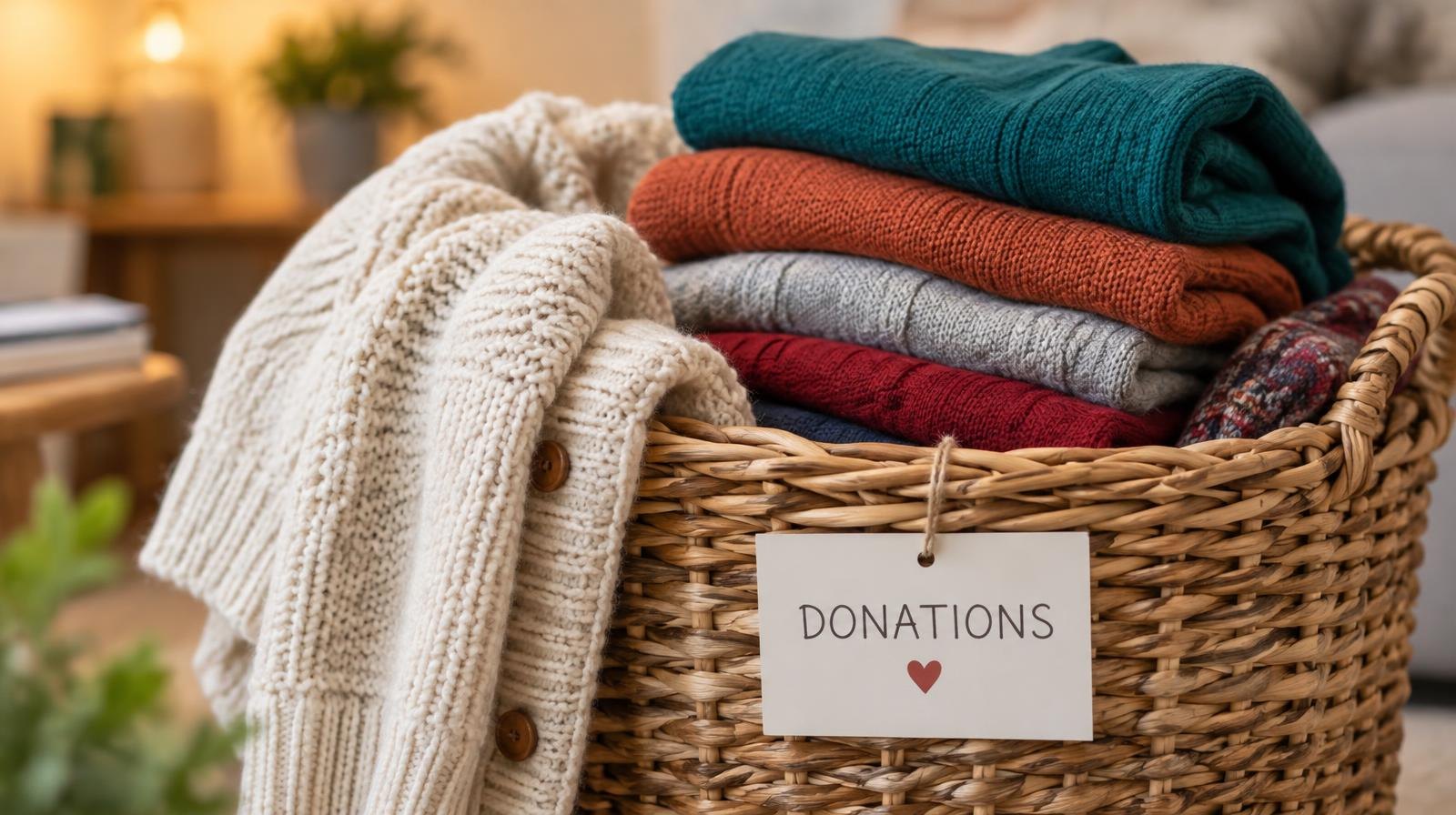 A stack of folded colorful sweaters and a cardigan in a wicker basket.