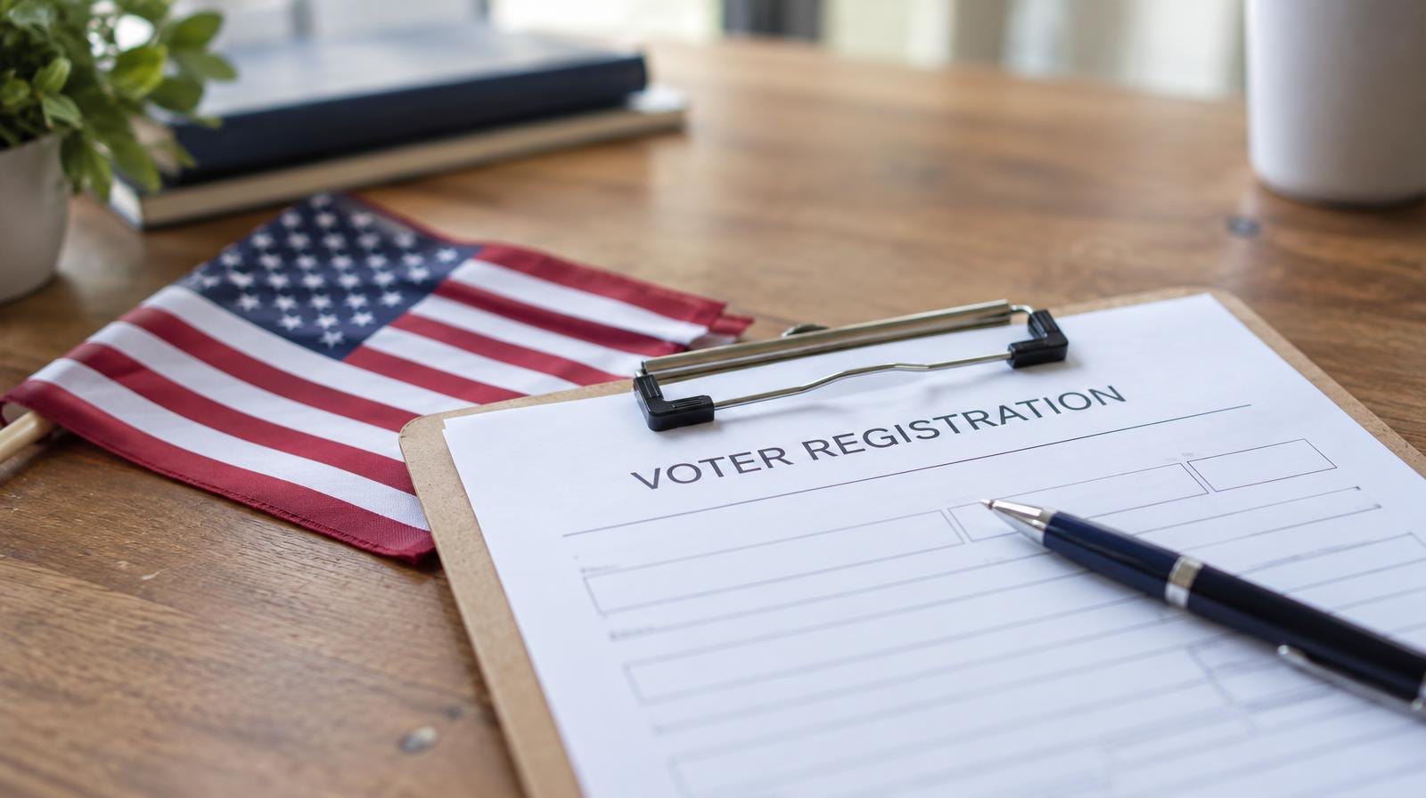 A blank voter registration form on a clipboard with a pen and a small American flag on a table.