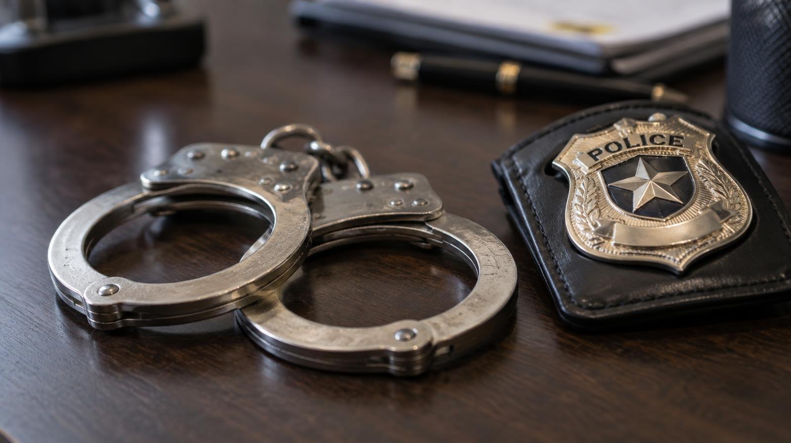 Silver handcuffs and a police badge resting on a dark wooden surface.