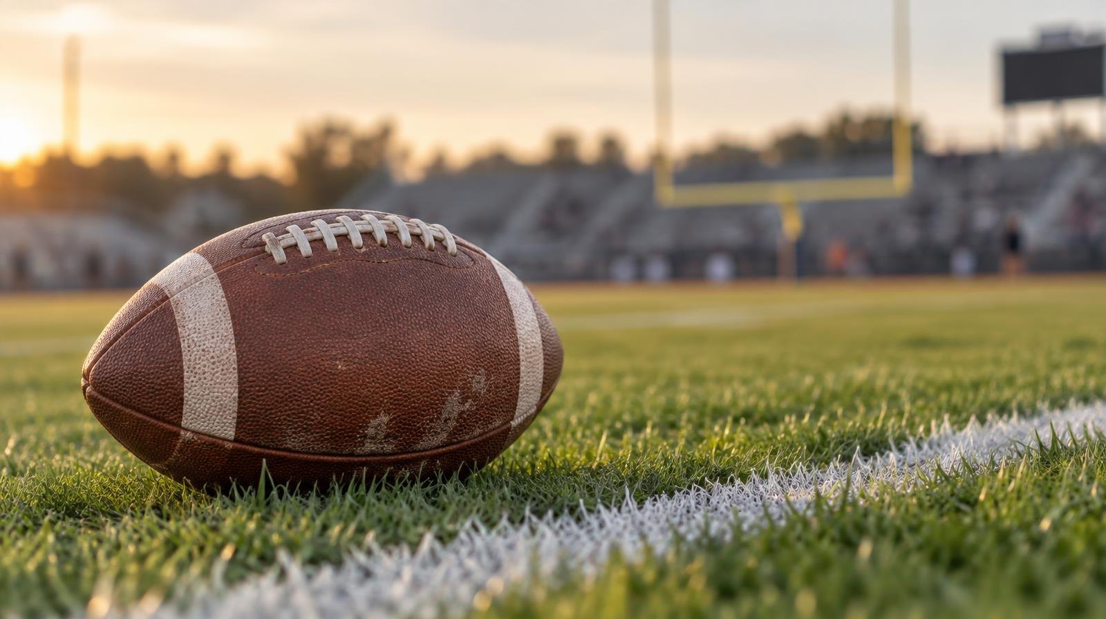 An American football resting on green grass beside a painted white yard line, goal post blurred in background.