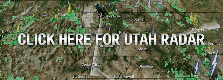 Radar map of Utah showing green and yellow precipitation returns over the state.