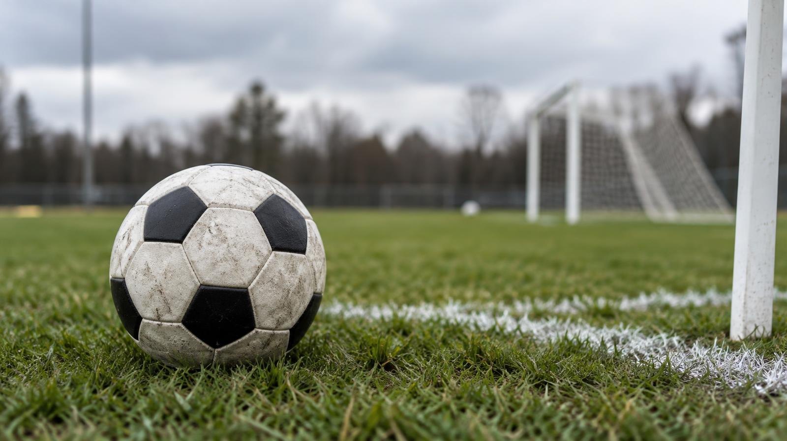 A black-and-white soccer ball resting on a grass field near a corner arc with a goal net in the background.