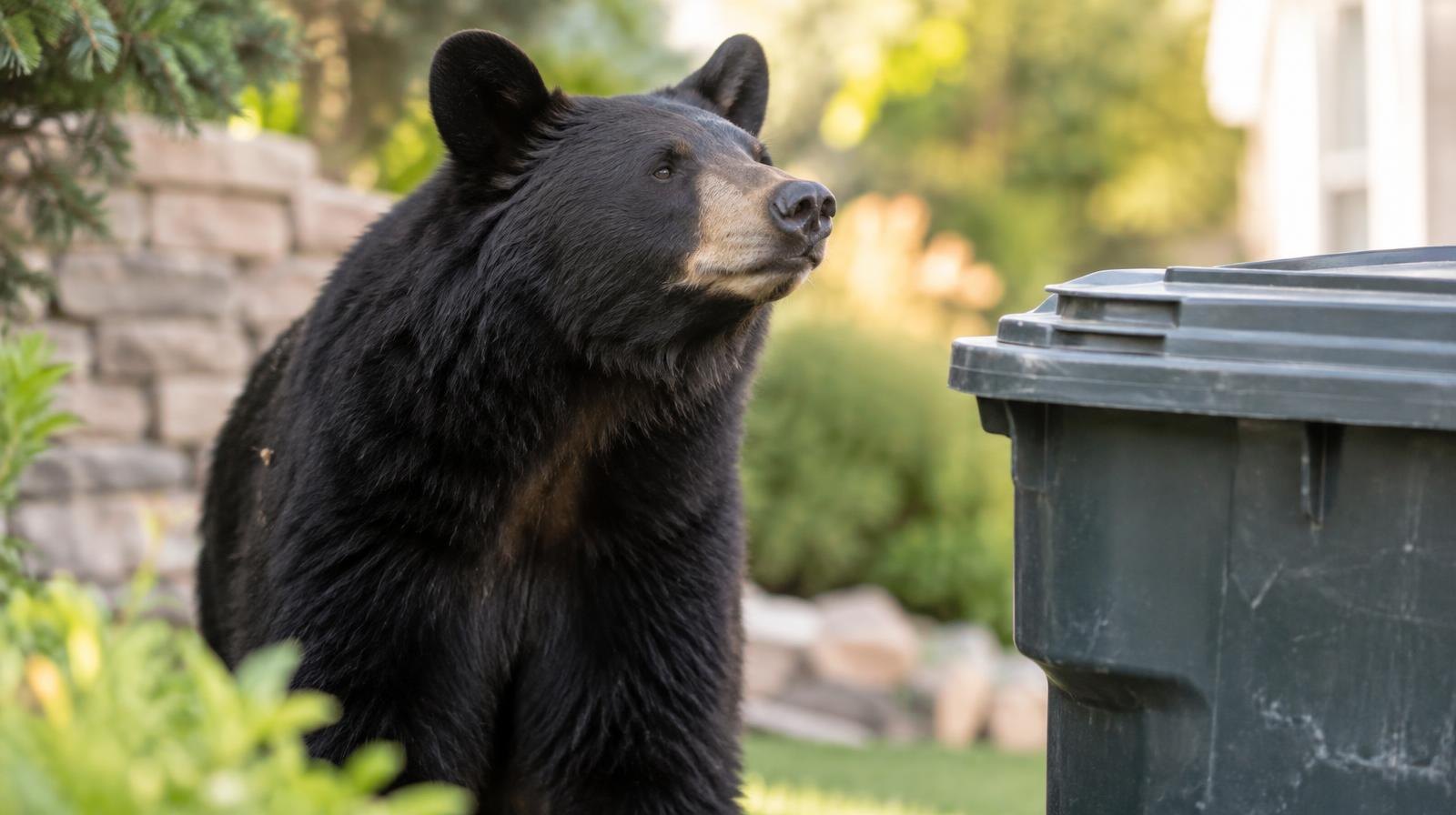 A black bear standing near a garbage can at the edge of a yard, sniffing the air.