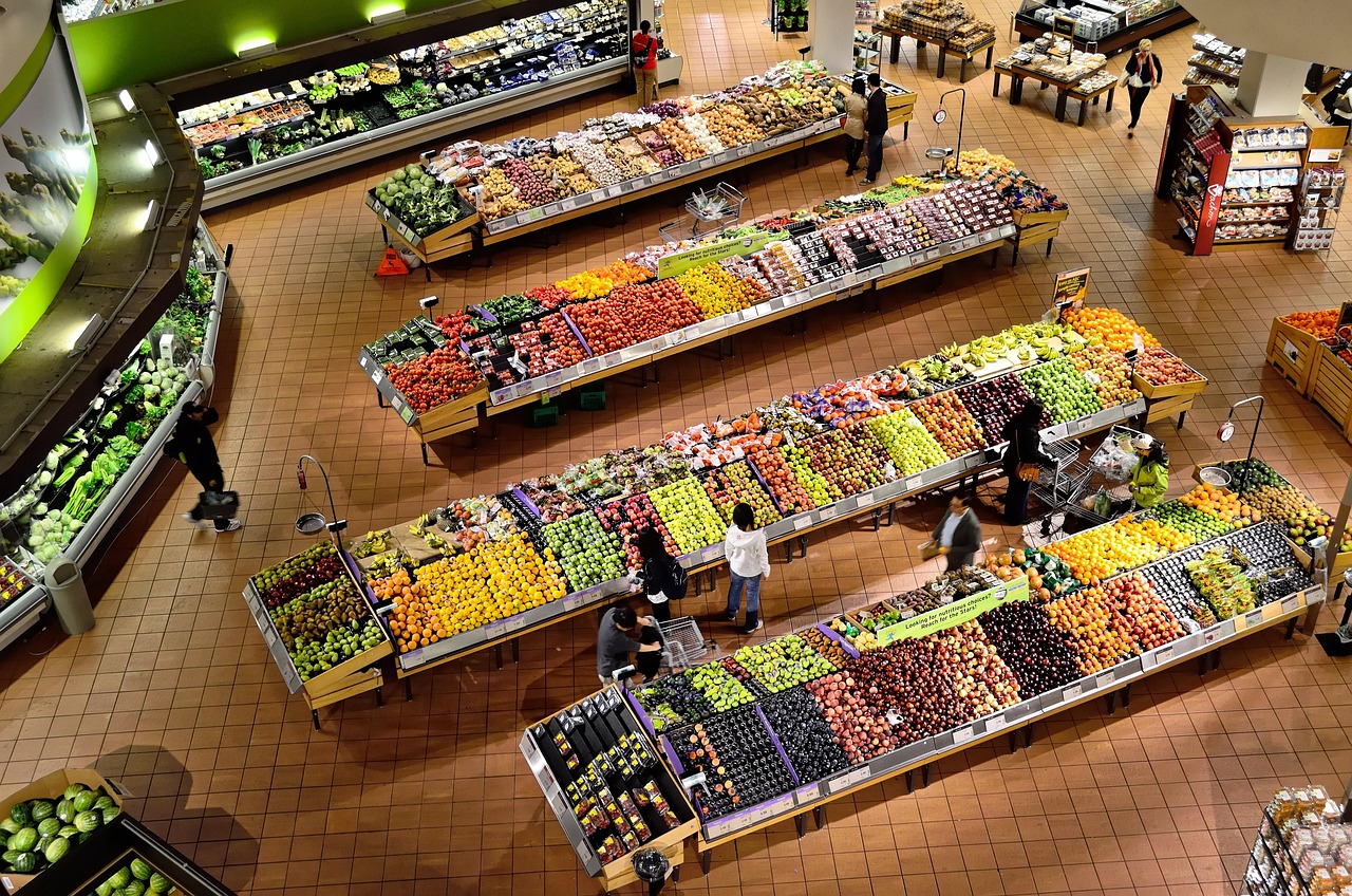Supermarket, stalls, coolers, market, food, fresh, shop, organic, vegetable, healthy, grocery, store, fruit, ripe, yello