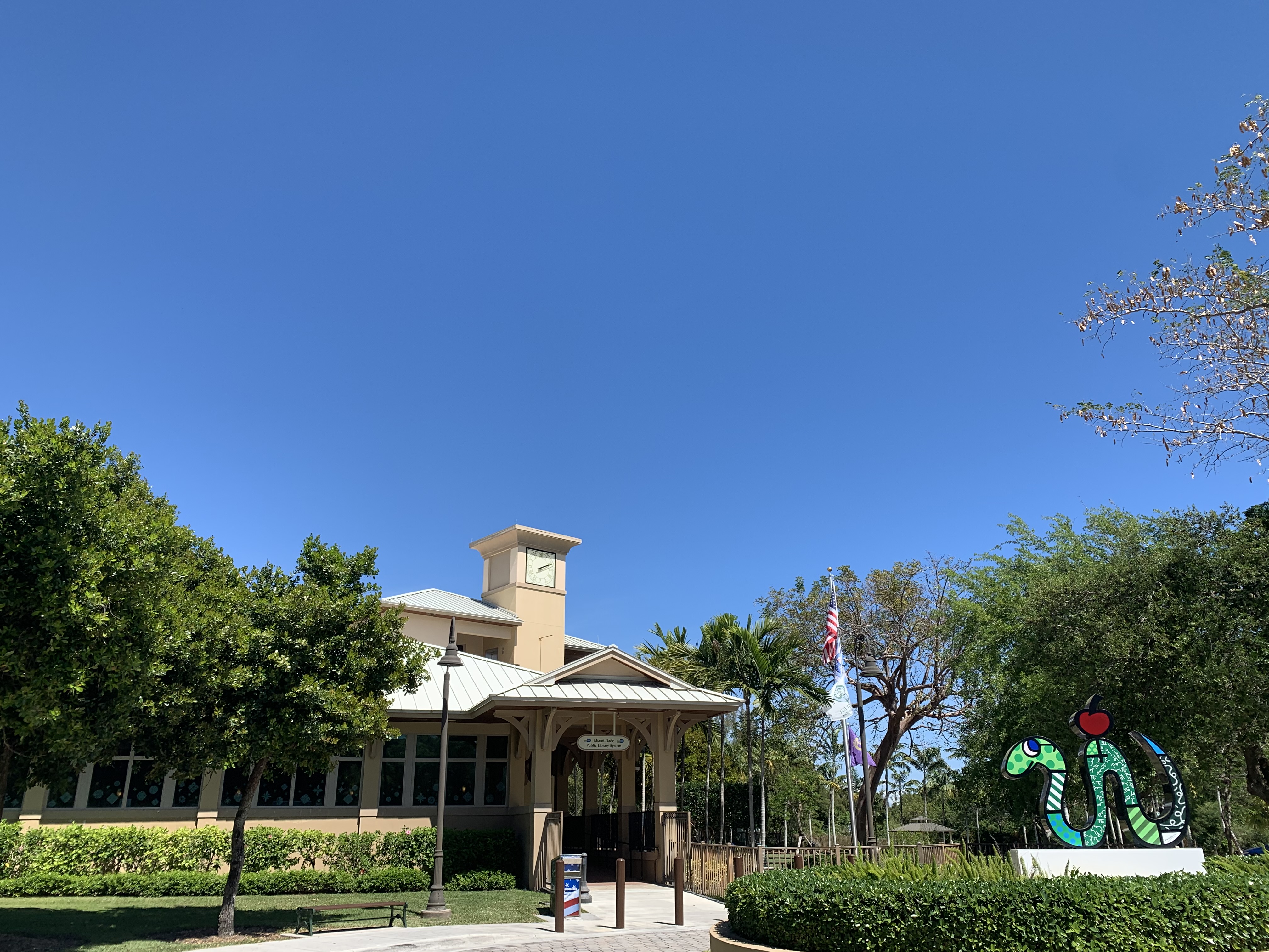 Exterior of a public library building with a clock tower and American flag.