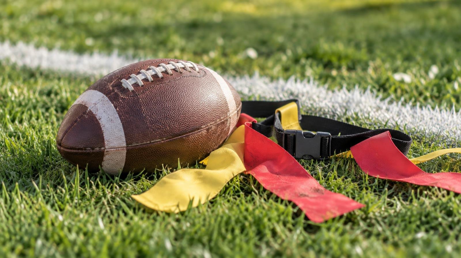A football and colorful flag football belts lying on green grass.