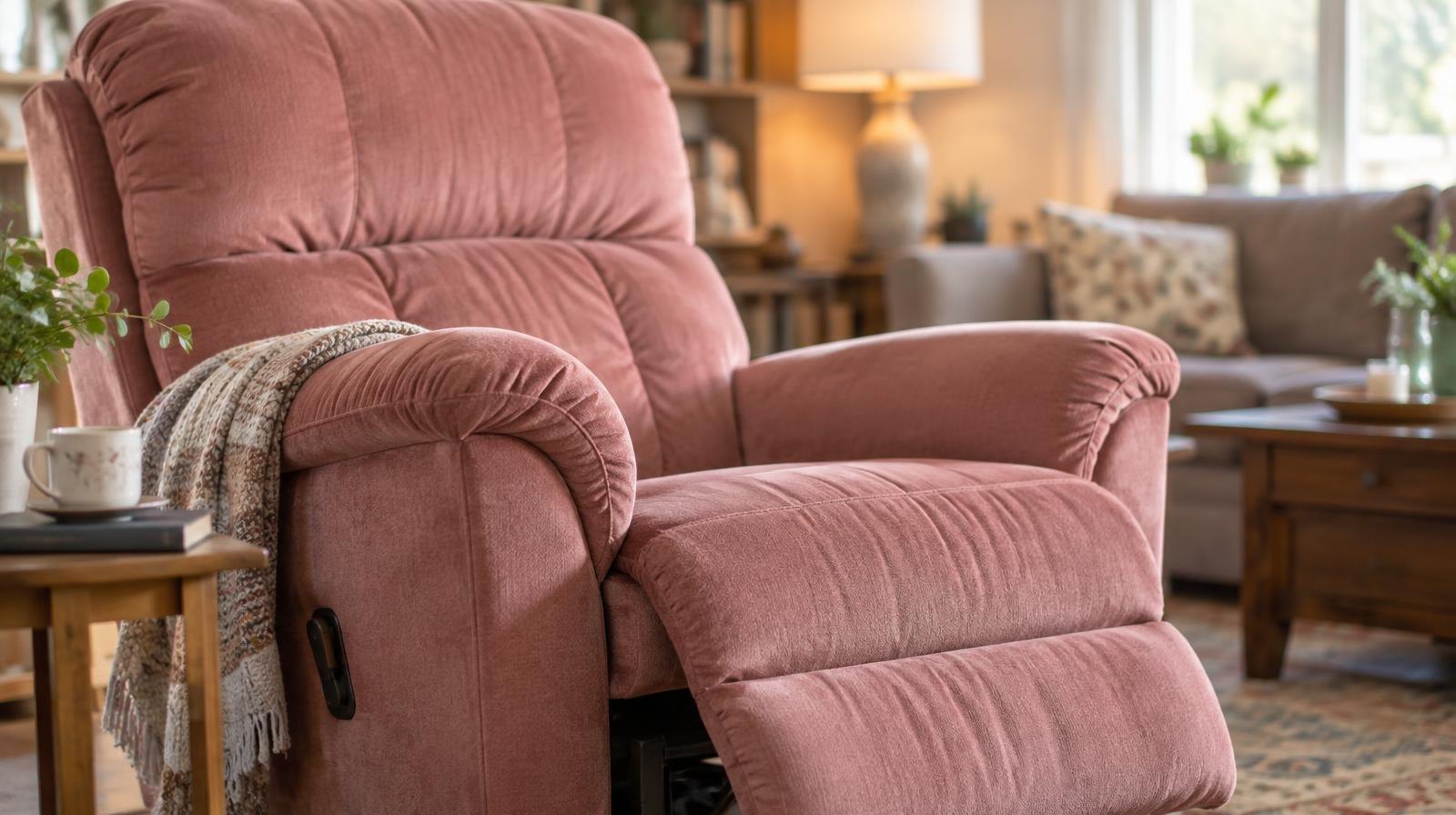 A pink upholstered recliner chair in a warmly lit living room.