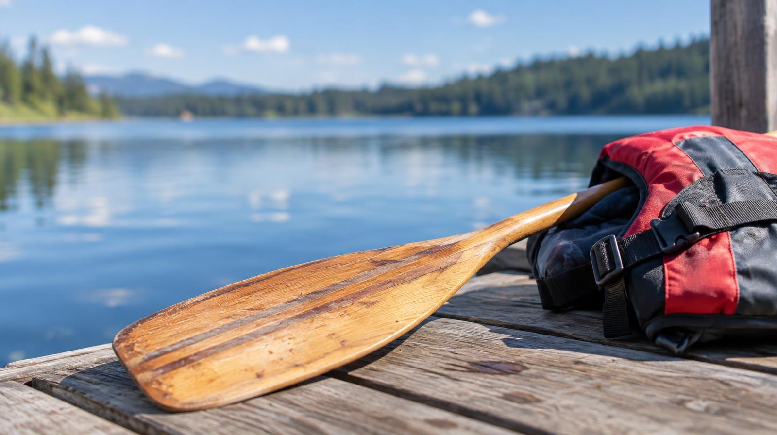 A wooden paddle and orange life vest resting on a wooden dock over still water.