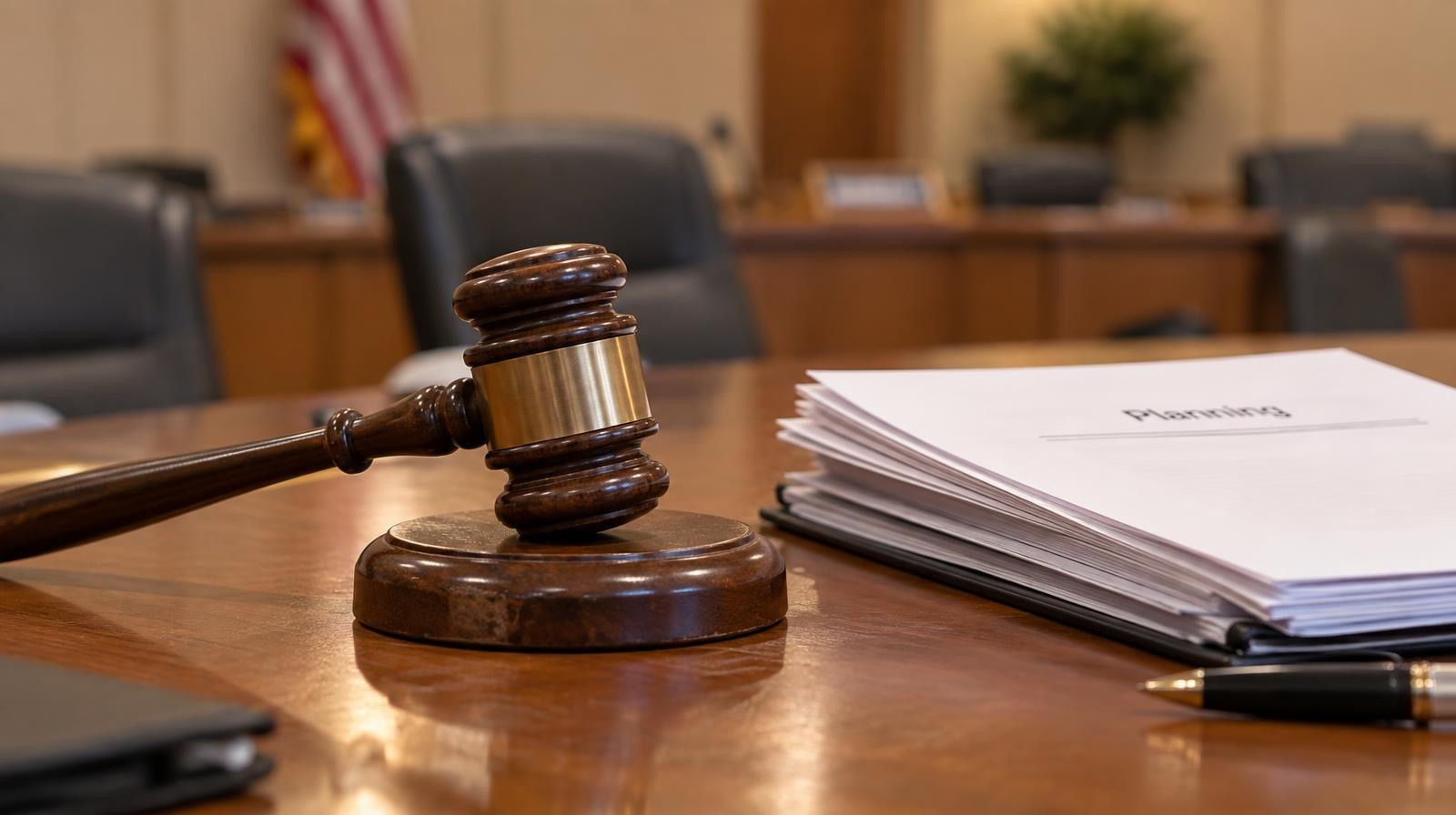 Wooden gavel on its sound block next to stacked documents on a table.
