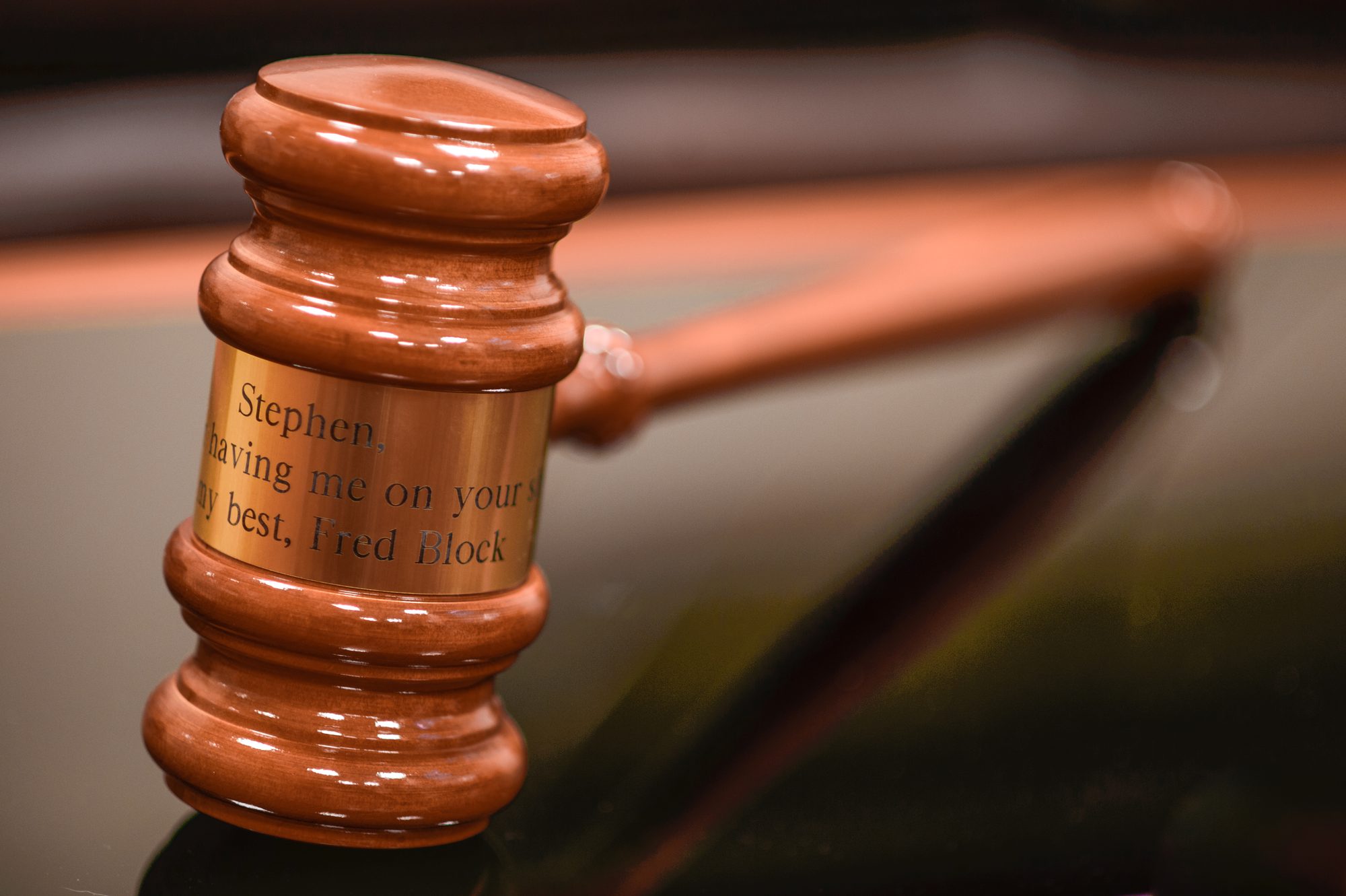 Judge Frederic Block prepared this gavel as a gift to Stephen Colbert to be given during his appearance on the Colbert Report. Unfortunately, he was bumped and was left with the gavel as you see it here.