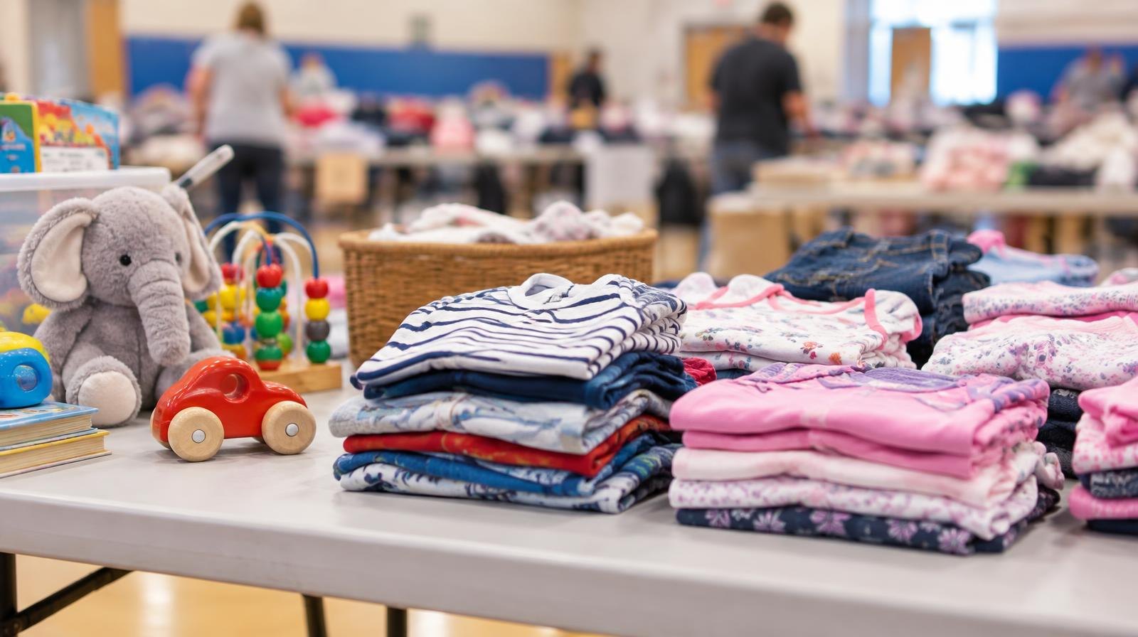 Neatly folded children's clothing and small toys arranged on a table indoors.