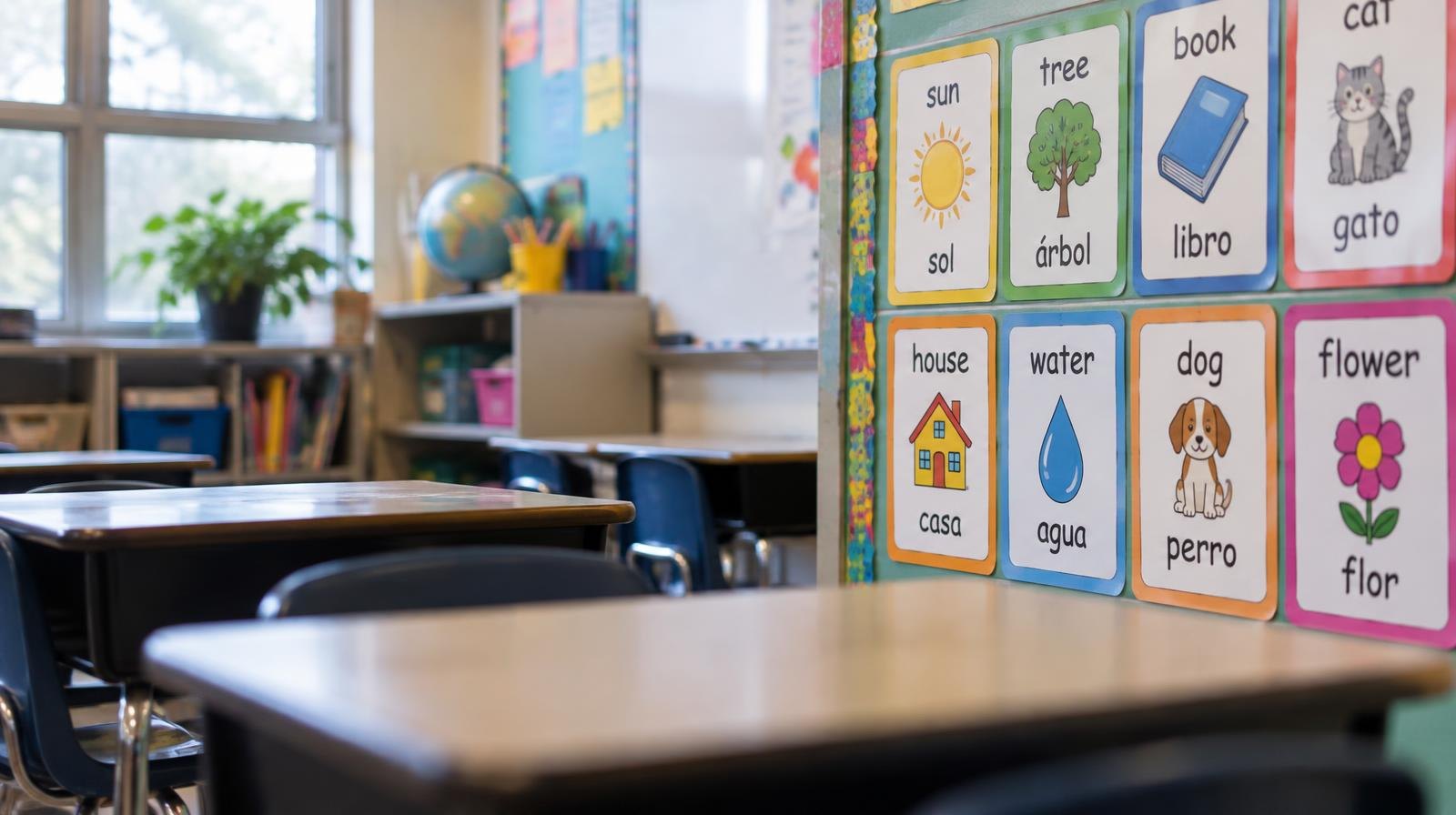 Colorful bilingual word displays on a classroom wall above rows of small student desks.