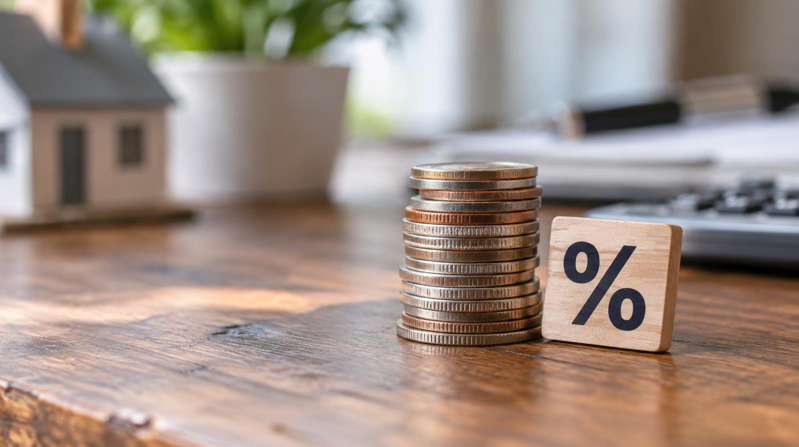 Stack of coins beside a percentage sign marker on a wooden surface.