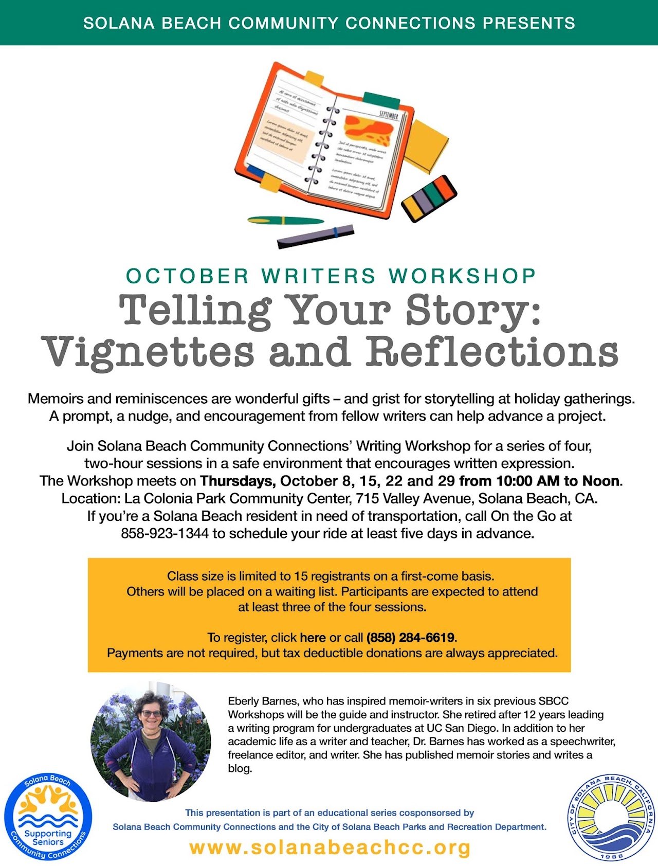 Promotional flyer for a memoir-writing workshop with session dates and registration details.