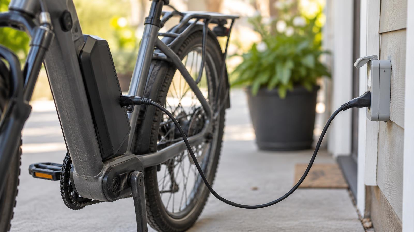 An electric bicycle connected to a wall charger on an outdoor patio.