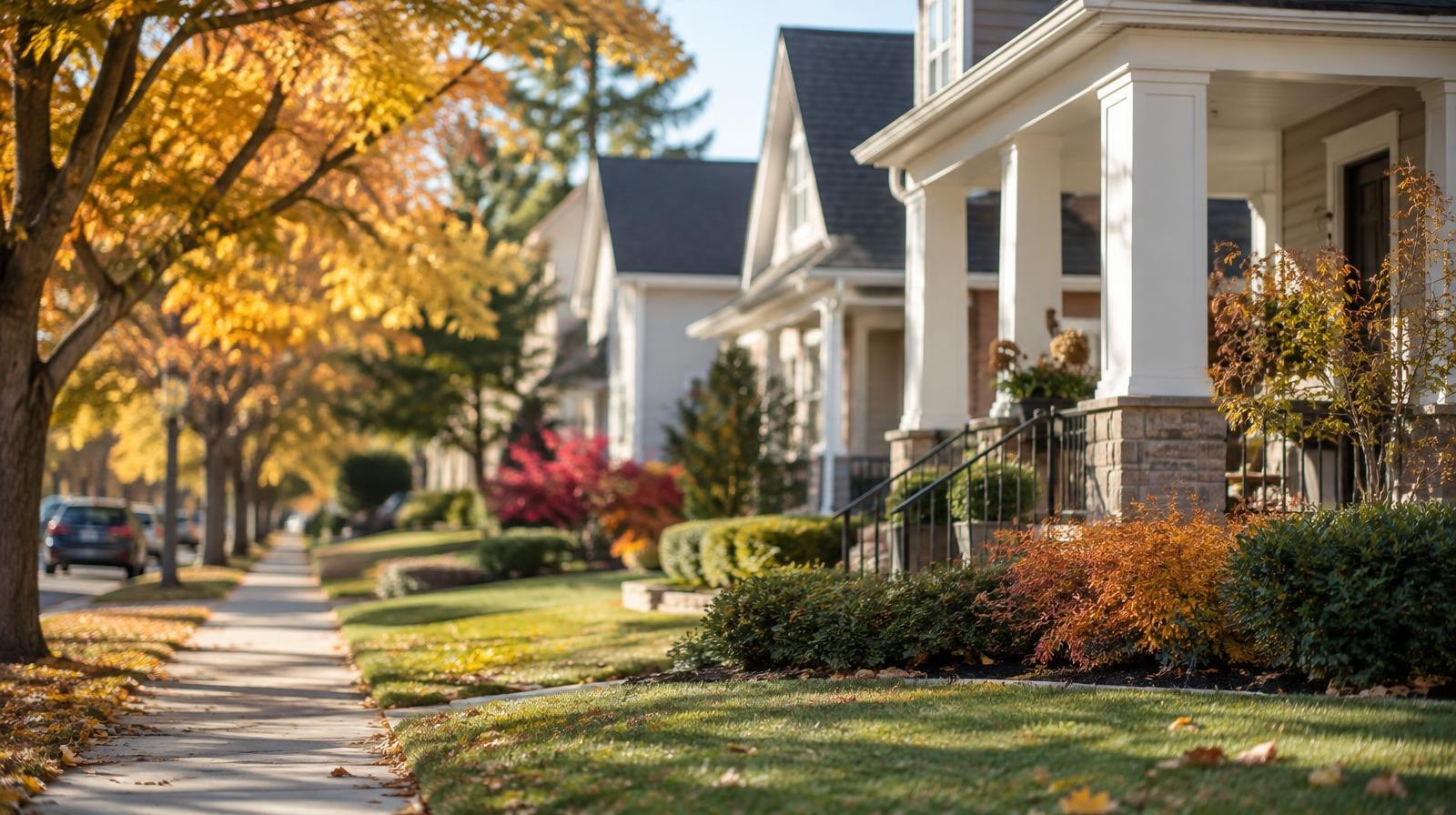 Row of large suburban homes with manicured lawns and autumn trees.