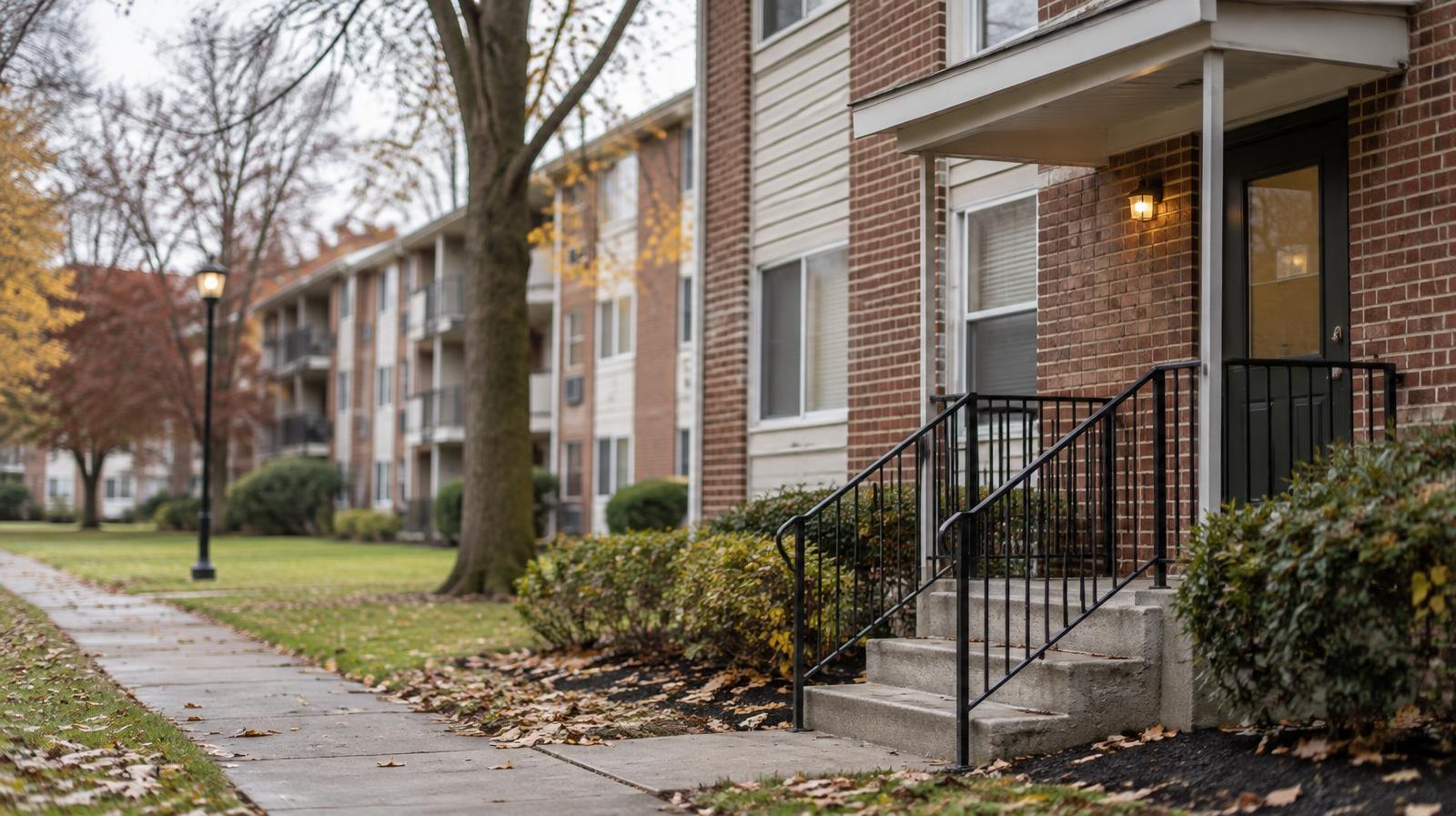 Row of modest multi-story apartment buildings with a paved walkway and autumn trees.