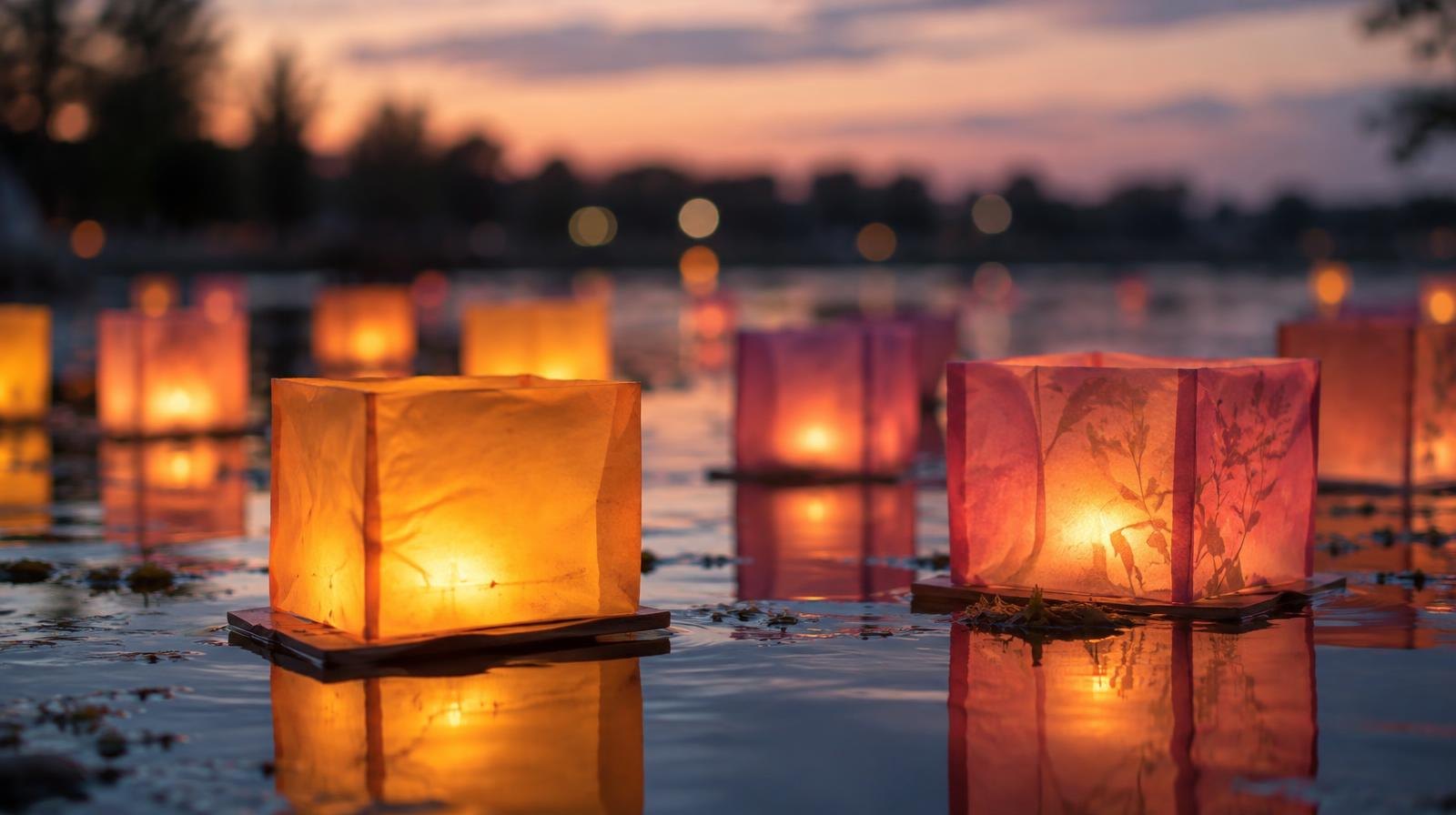Glowing paper lanterns floating on a calm pond at twilight.