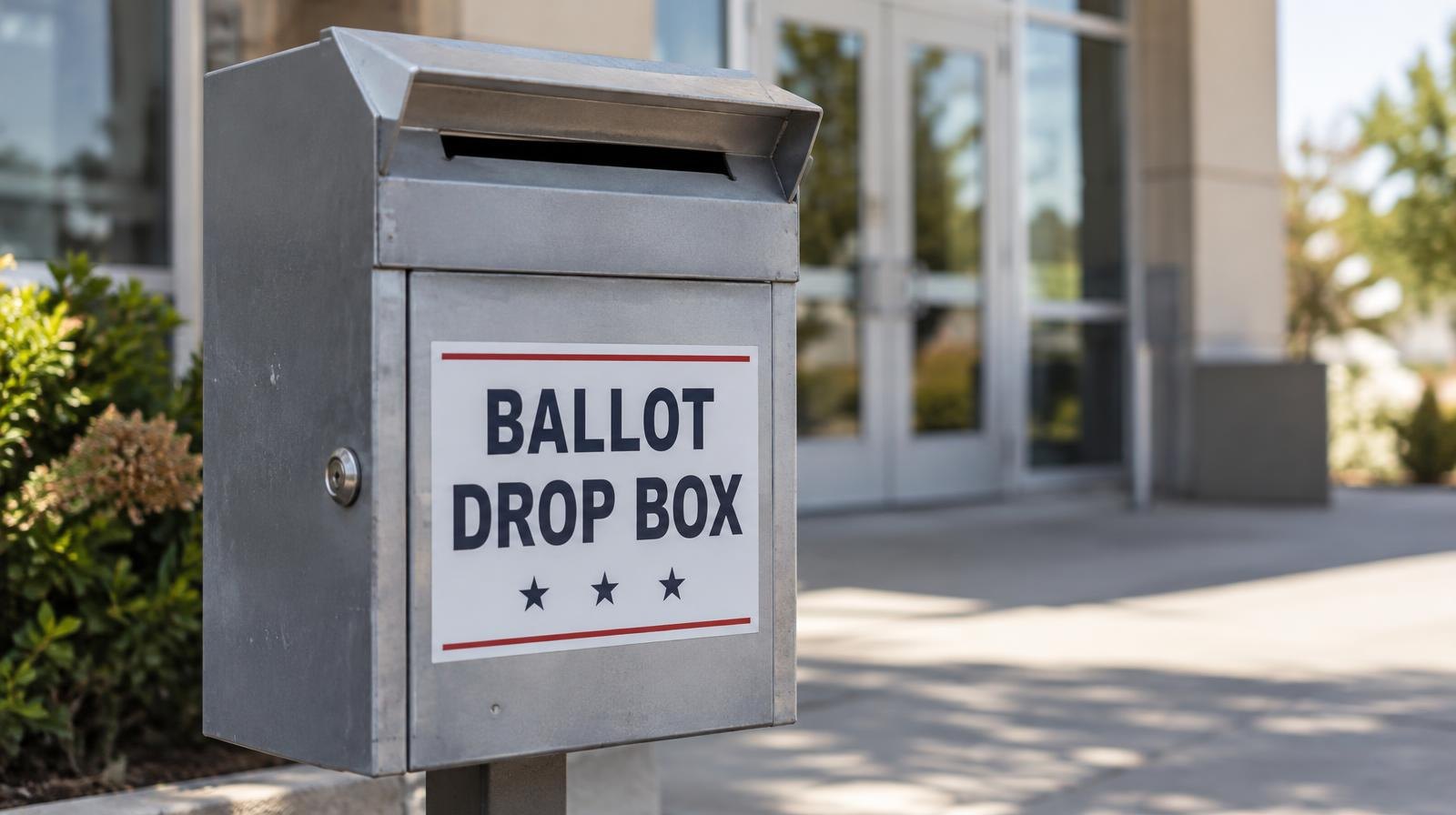 A metal ballot drop box with a slot at the top, mounted on a stand outdoors.