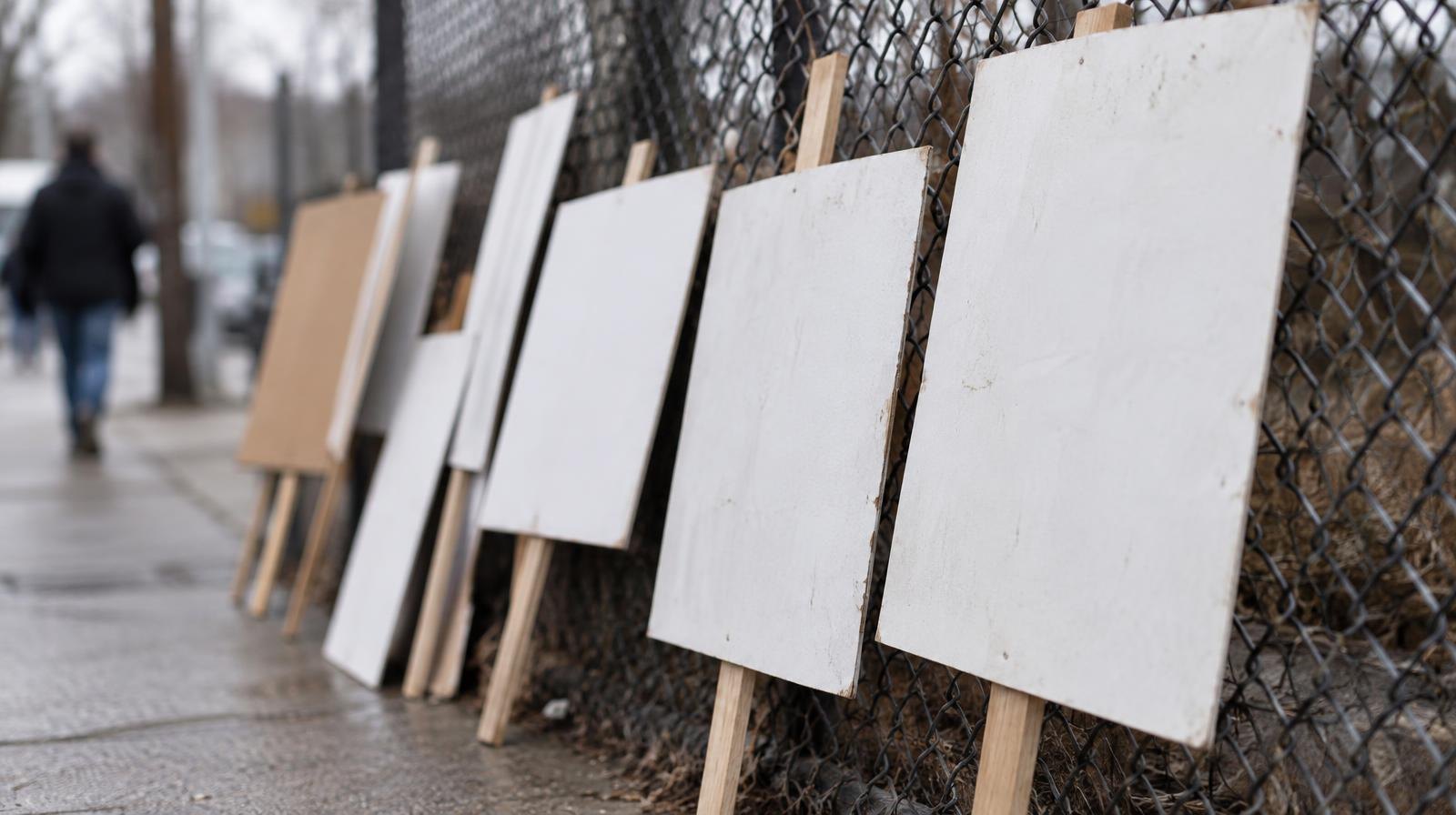 Row of blank wooden picket signs leaning against a chain-link fence on a sidewalk.