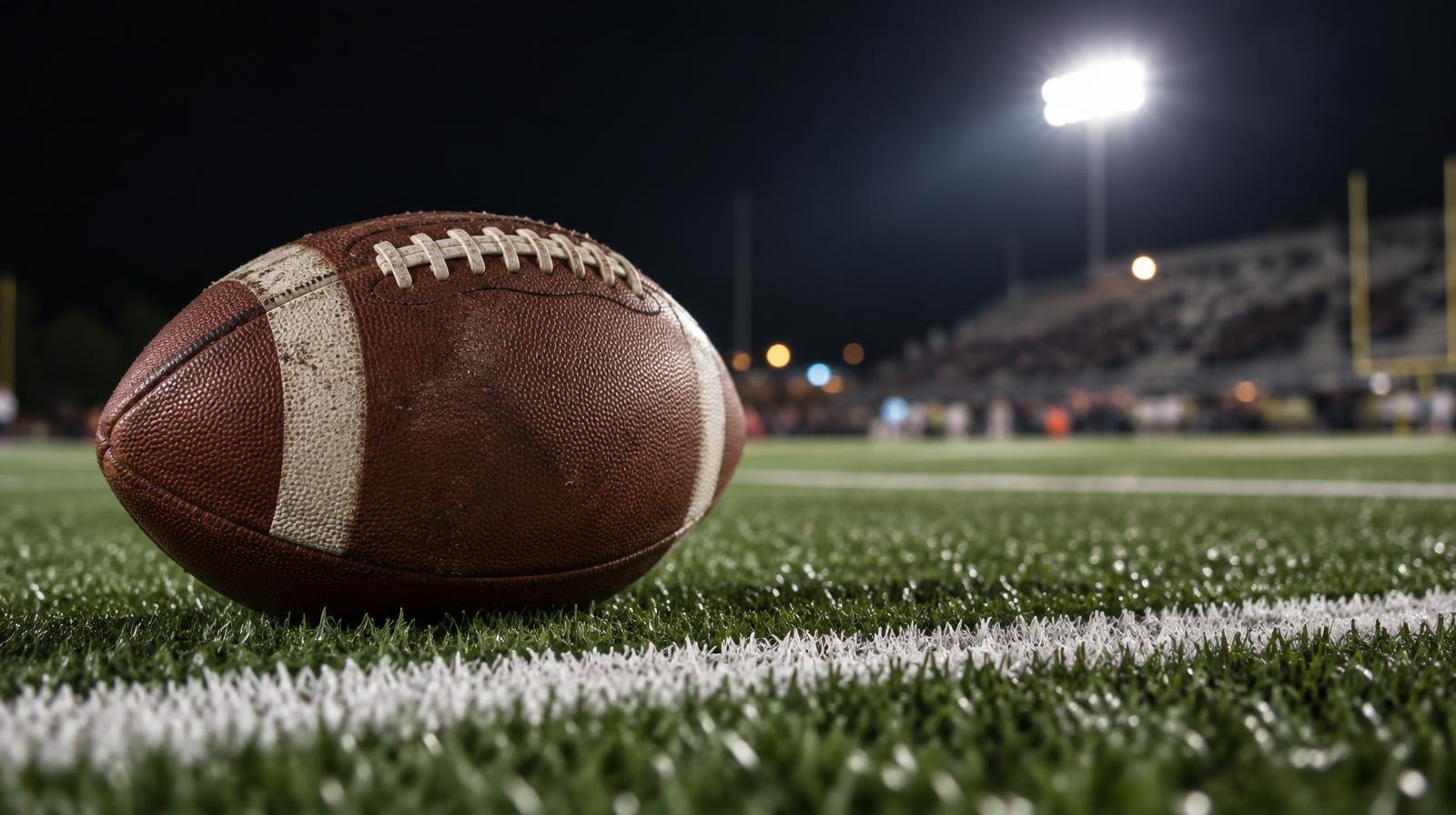 An American football on green turf beside a white yard line under stadium lights.