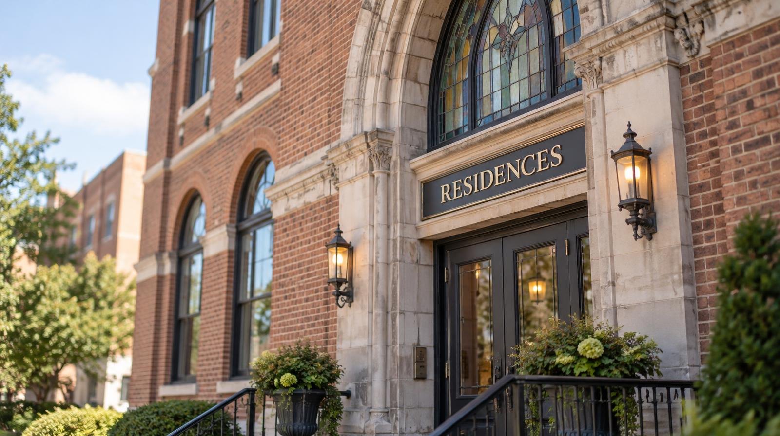 Restored brick building with arched windows and a stained glass entrance window.