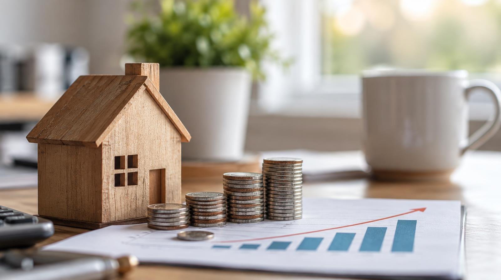 Small wooden house model next to stacked coins on a desk.