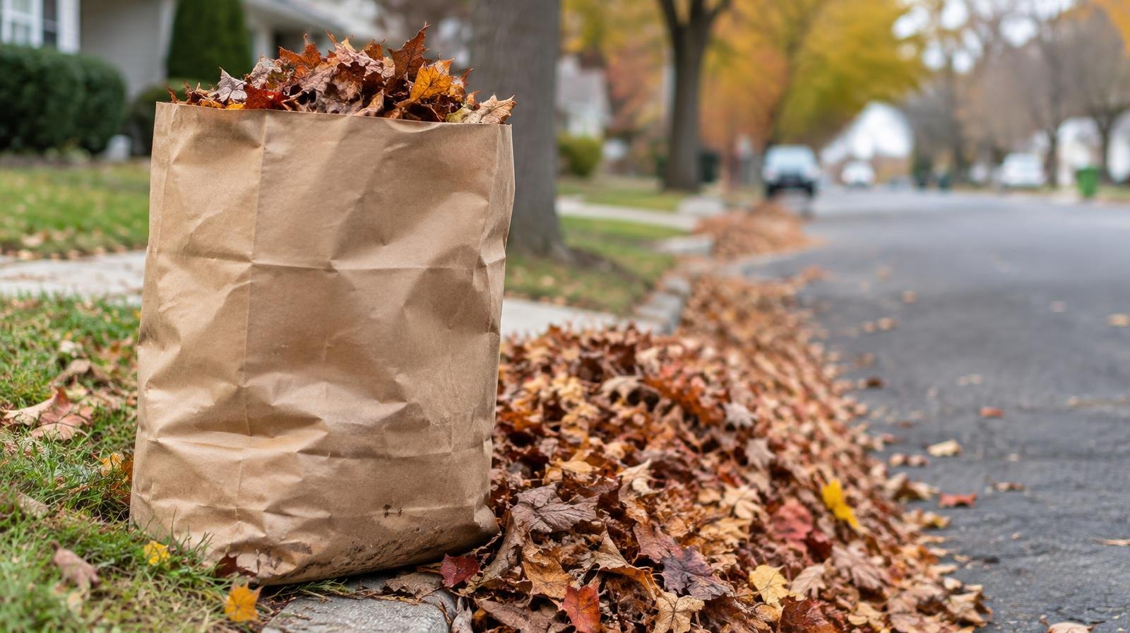 Brown paper yard waste bag filled with autumn leaves at a curb.