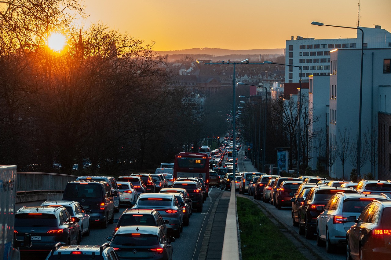 Traffic, city, traffic jam, cars, vehicles, highway, road, sunset, nature, twilight