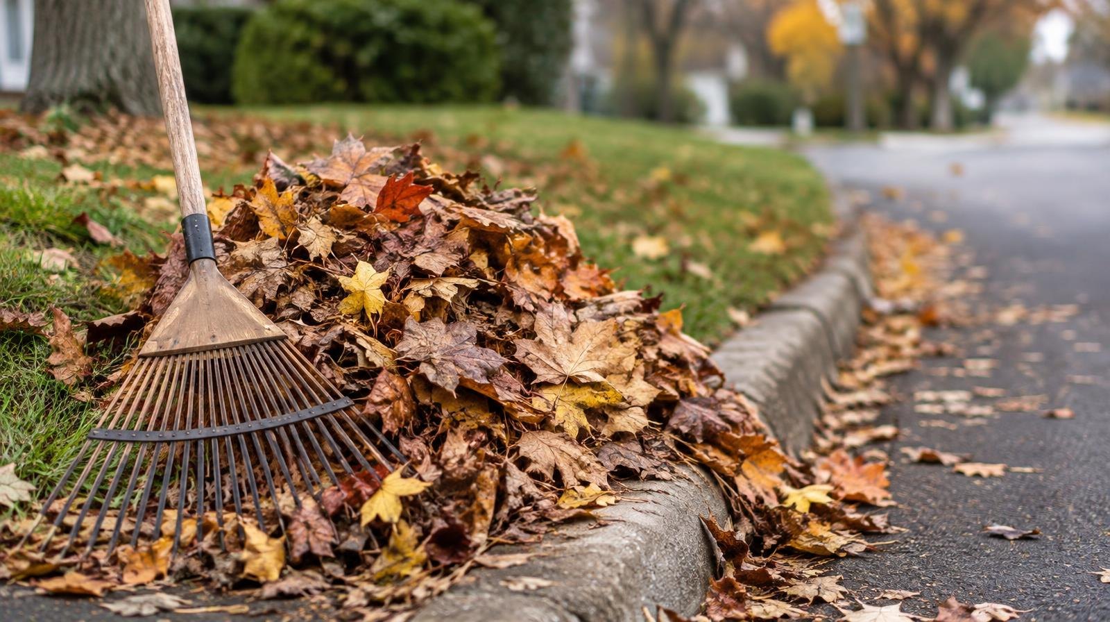 A pile of dry autumn leaves raked to the edge of a curb, with a wooden rake resting against it.