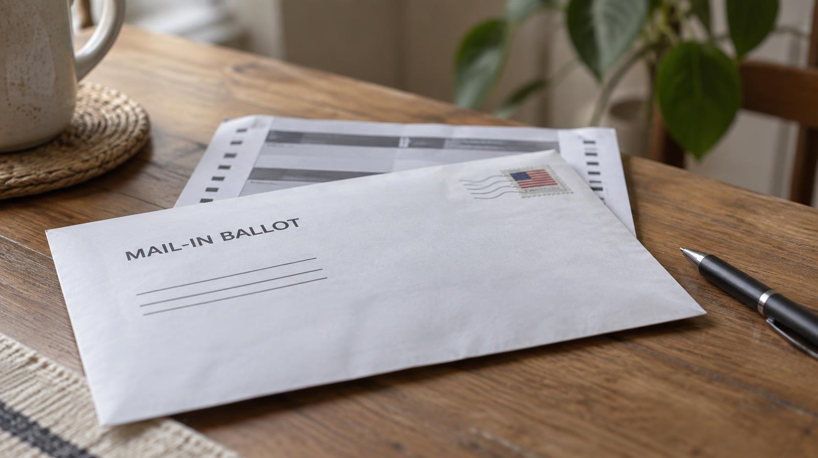 Mail-in ballot envelope and folded ballot on a wooden table with a pen.