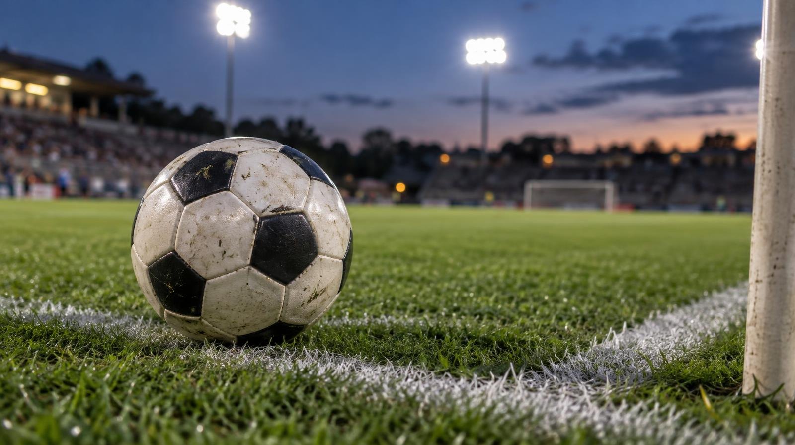 A soccer ball on a grass pitch near the corner arc with stadium lights glowing overhead.