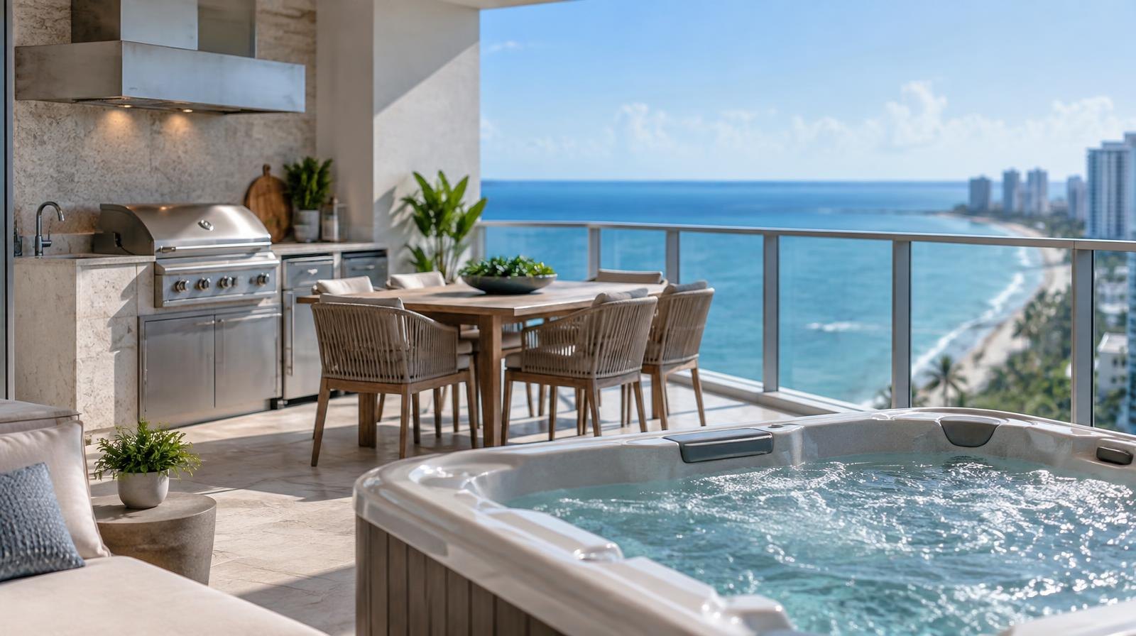 Upscale condominium balcony terrace with outdoor kitchen and ocean view.