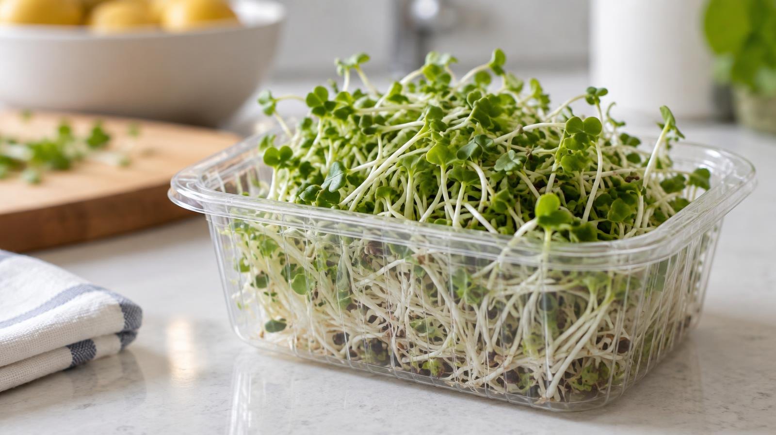 Fresh green broccoli sprouts in a clear plastic container on a white surface.